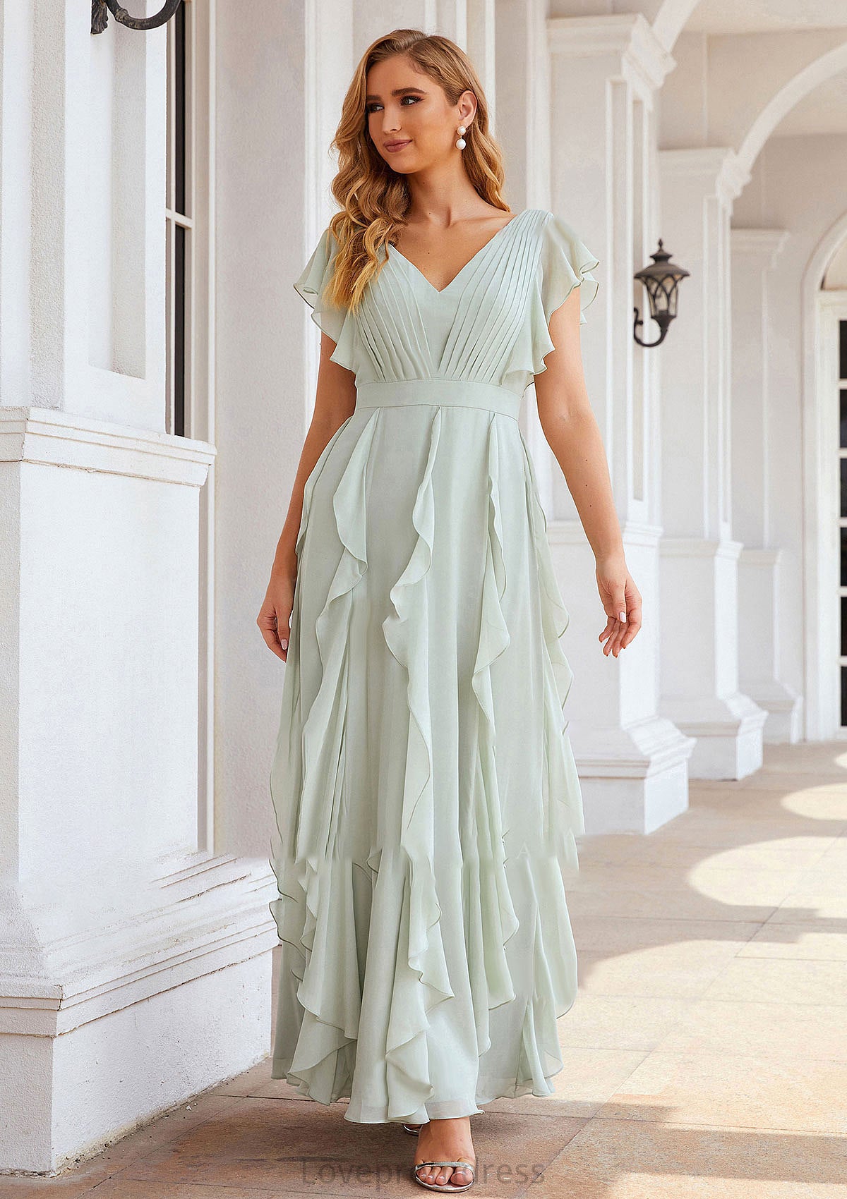 A-line V Neck Short Sleeve Long/Floor-Length Chiffon Bridesmaid Dresses With Pleated Ruffles Aurora DYP0025316