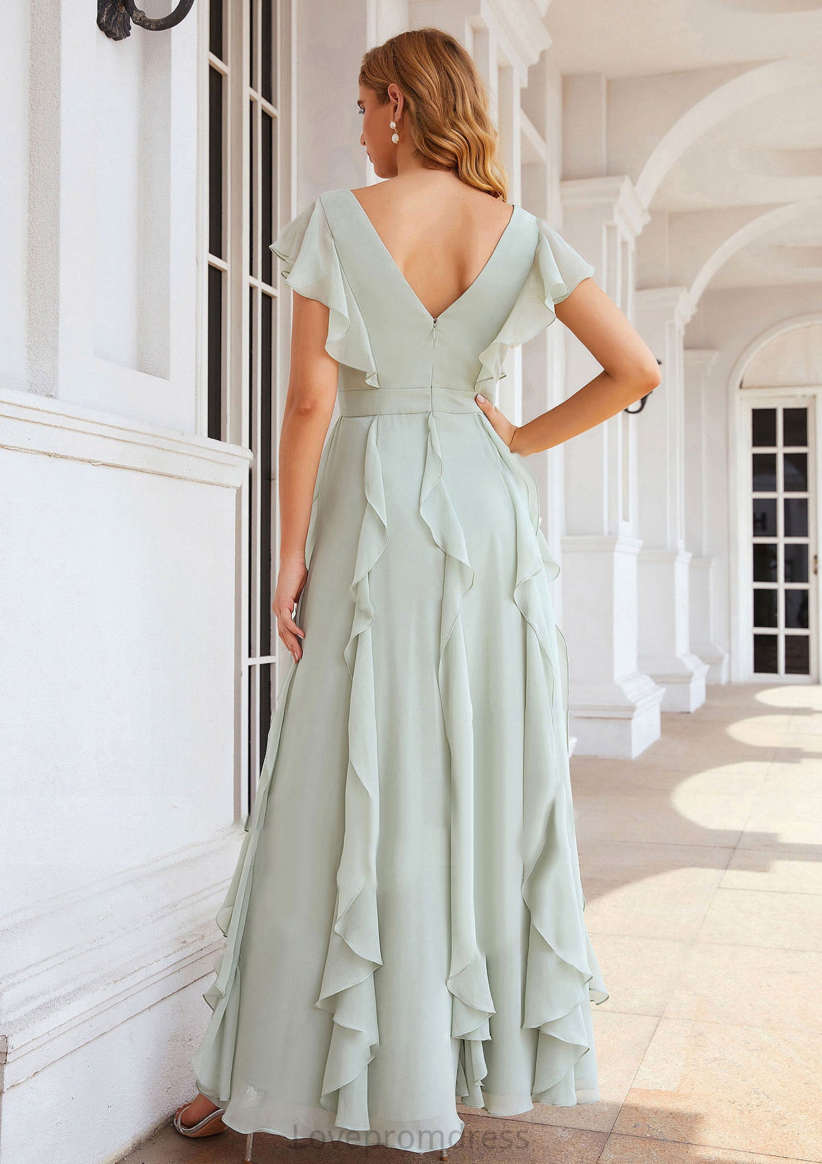 A-line V Neck Short Sleeve Long/Floor-Length Chiffon Bridesmaid Dresses With Pleated Ruffles Aurora DYP0025316