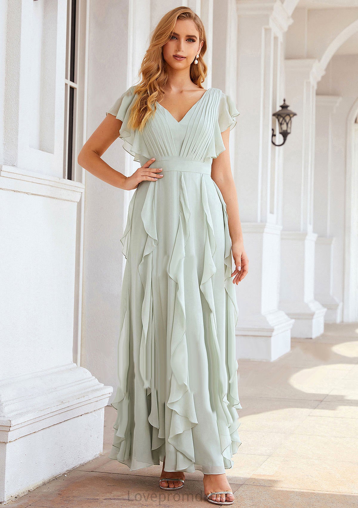 A-line V Neck Short Sleeve Long/Floor-Length Chiffon Bridesmaid Dresses With Pleated Ruffles Aurora DYP0025316