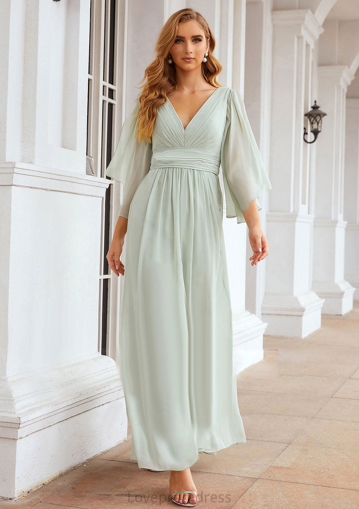 Sheath/Column V Neck 3/4 Sleeve Long/Floor-Length Chiffon Bridesmaid Dresses With Pleated Shania DYP0025318