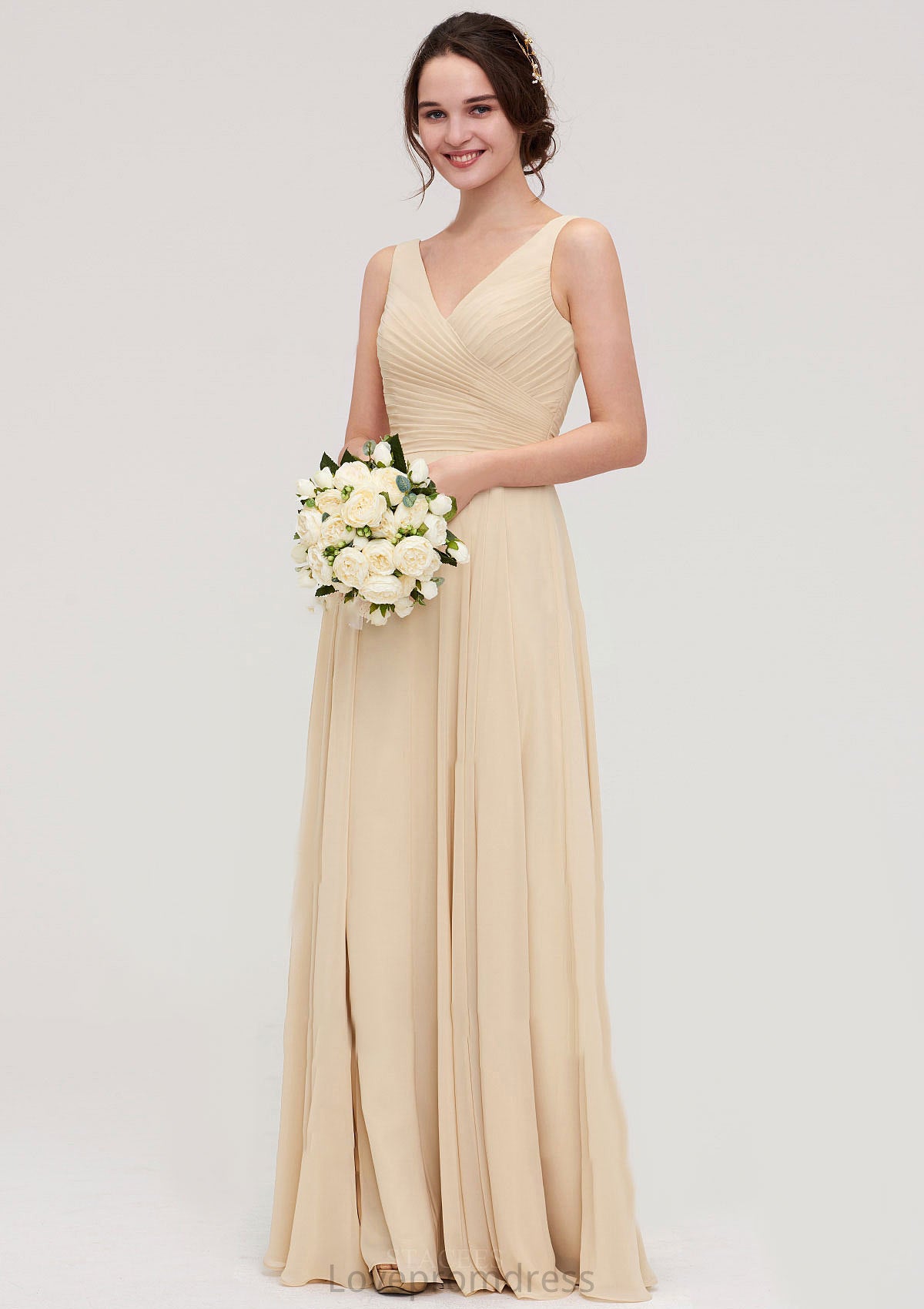 A-line/Princess V Neck Long/Floor-Length A-line/Princess Chiffon Bridesmaid Dresses With Sashes Pleated Jaylene DYP0025322