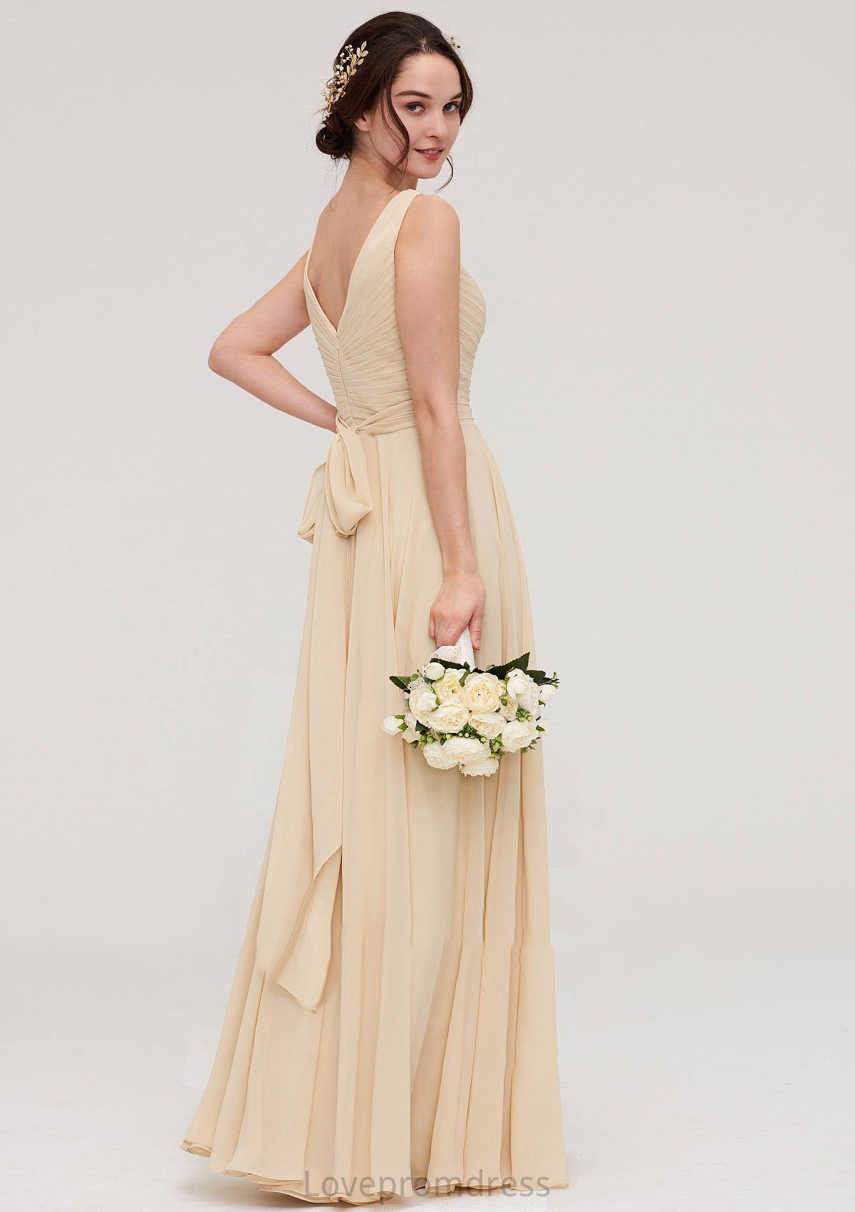 A-line/Princess V Neck Long/Floor-Length A-line/Princess Chiffon Bridesmaid Dresses With Sashes Pleated Jaylene DYP0025322