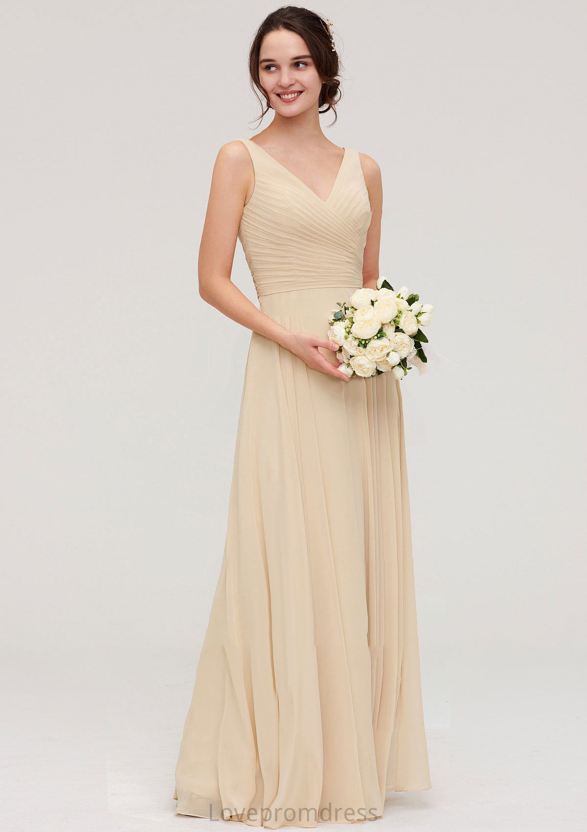 A-line/Princess V Neck Long/Floor-Length A-line/Princess Chiffon Bridesmaid Dresses With Sashes Pleated Jaylene DYP0025322