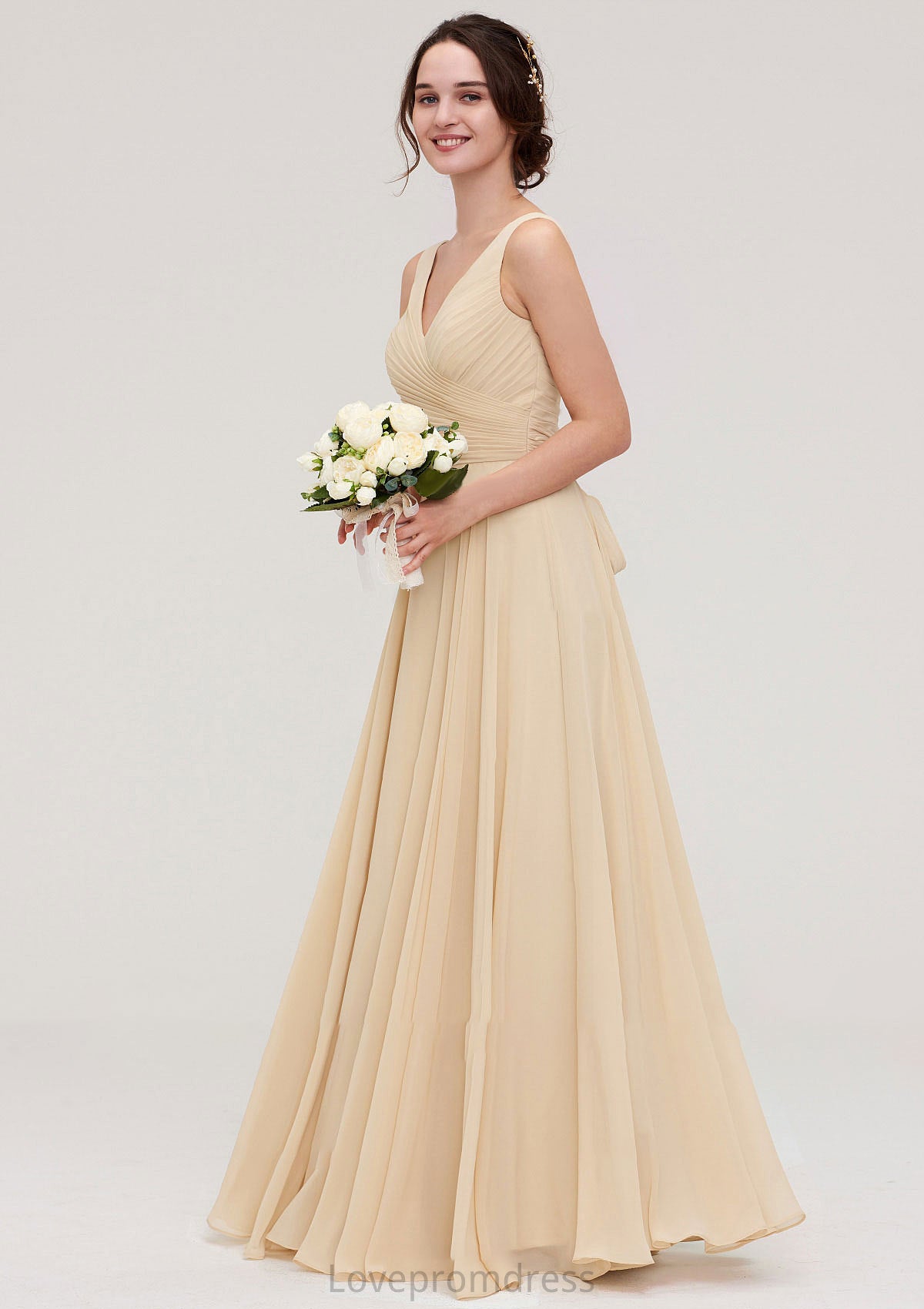 A-line/Princess V Neck Long/Floor-Length A-line/Princess Chiffon Bridesmaid Dresses With Sashes Pleated Jaylene DYP0025322