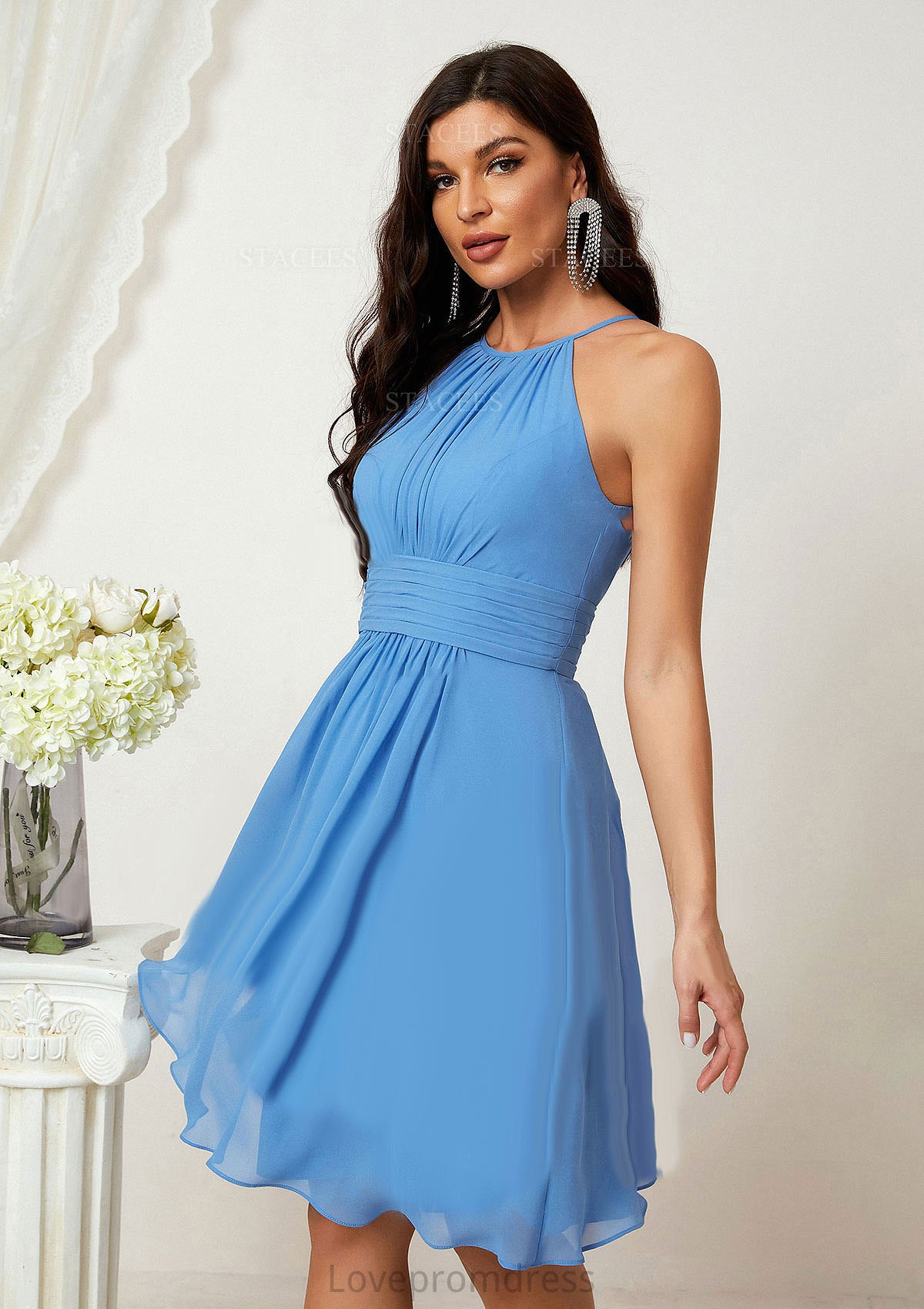 A-line Halter Sleeveless Knee-Length Chiffon Bridesmaid Dresses With Pleated    Audrey DYP0025324