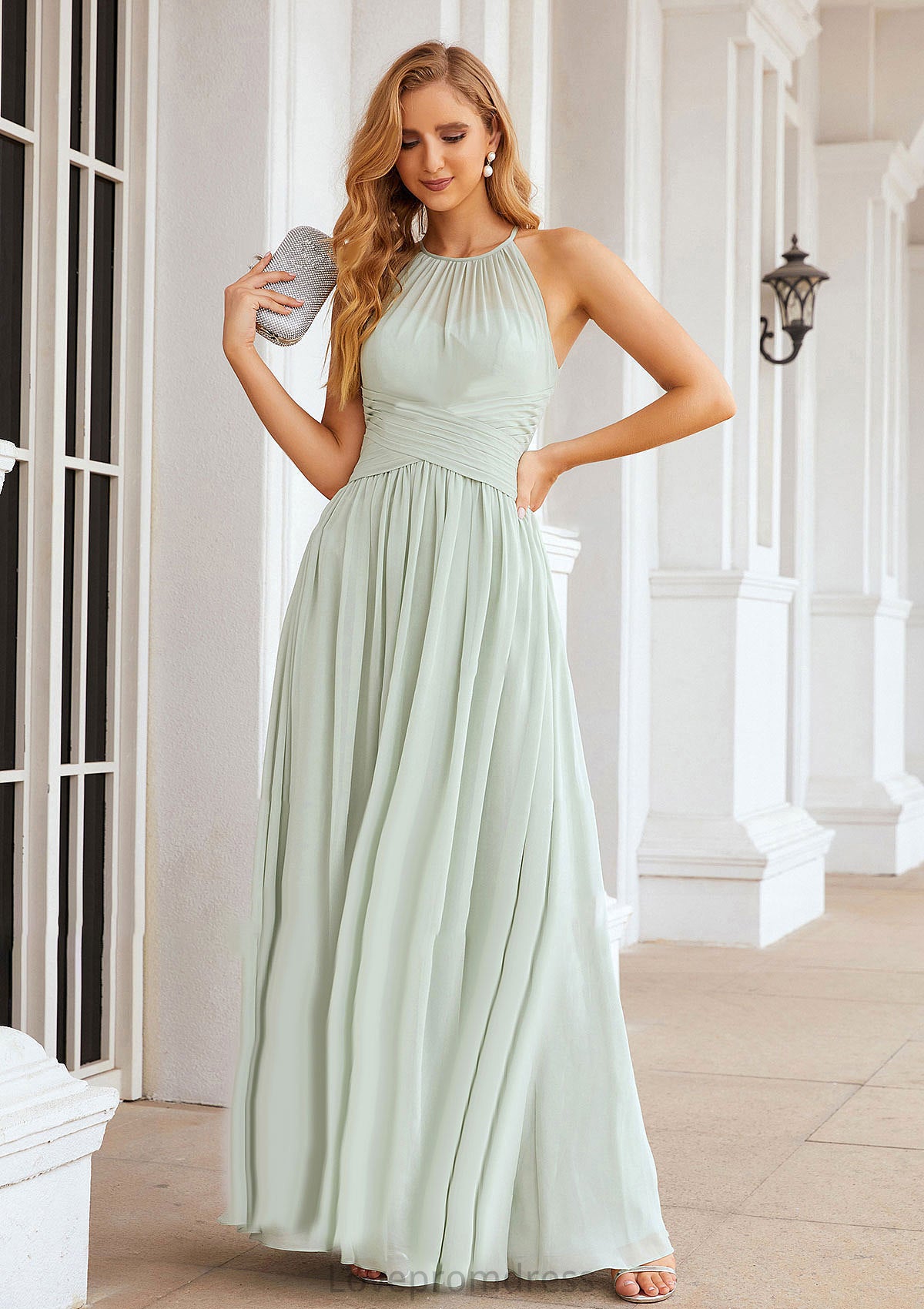 A-line Halter Sleeveless Long/Floor-Length Chiffon Bridesmaid Dresses With Pleated Esme DYP0025325