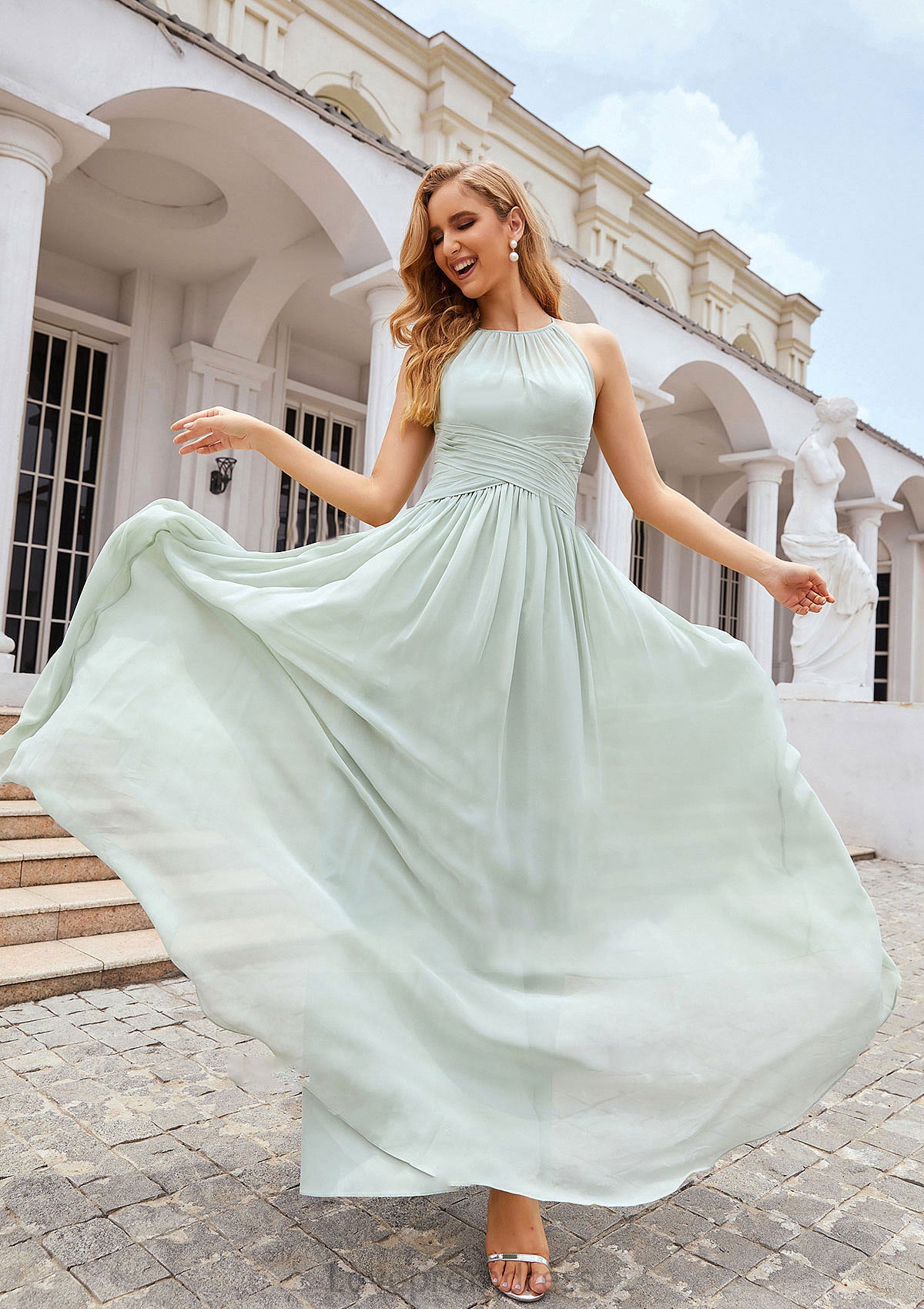 A-line Halter Sleeveless Long/Floor-Length Chiffon Bridesmaid Dresses With Pleated Esme DYP0025325