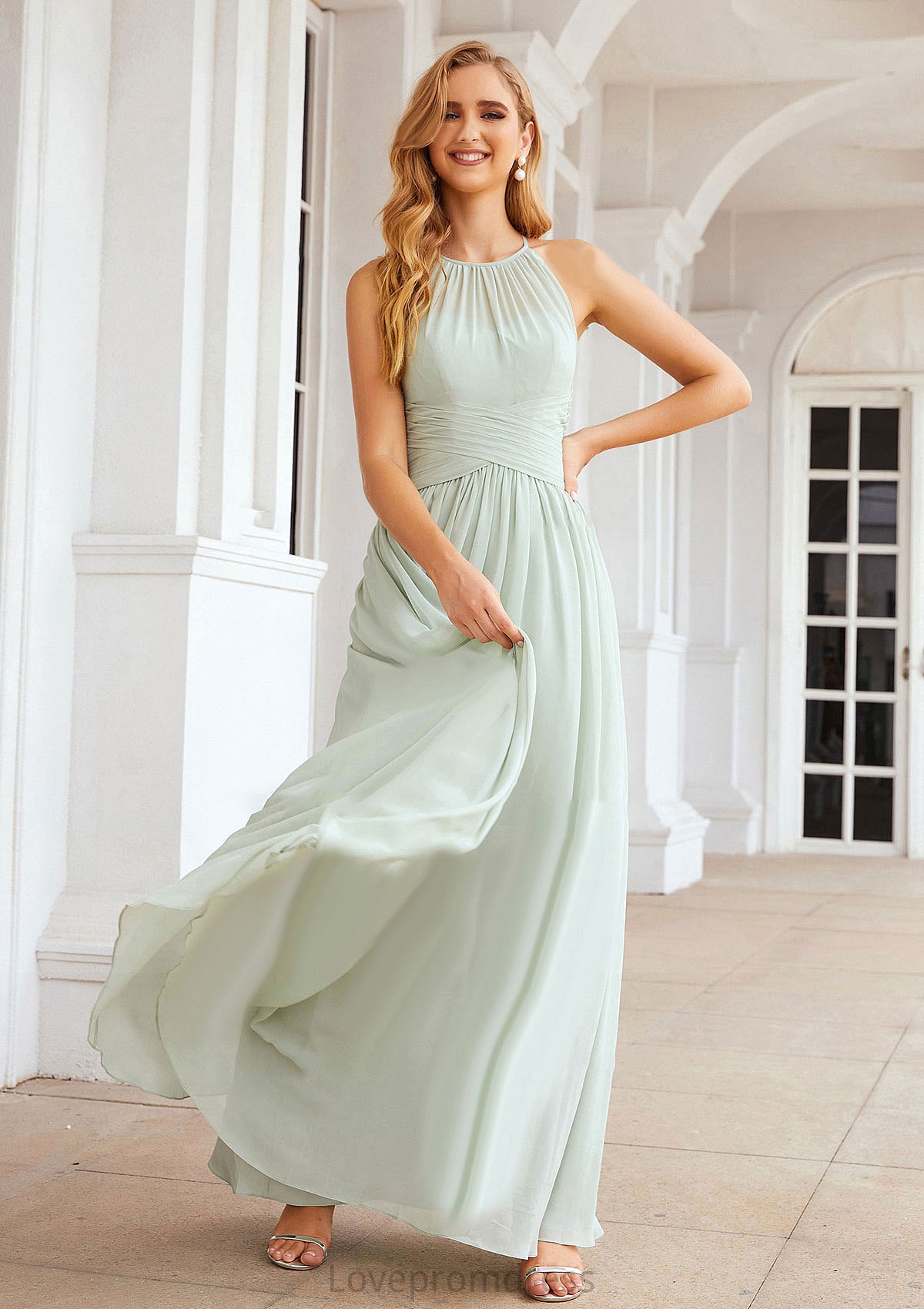 A-line Halter Sleeveless Long/Floor-Length Chiffon Bridesmaid Dresses With Pleated Esme DYP0025325