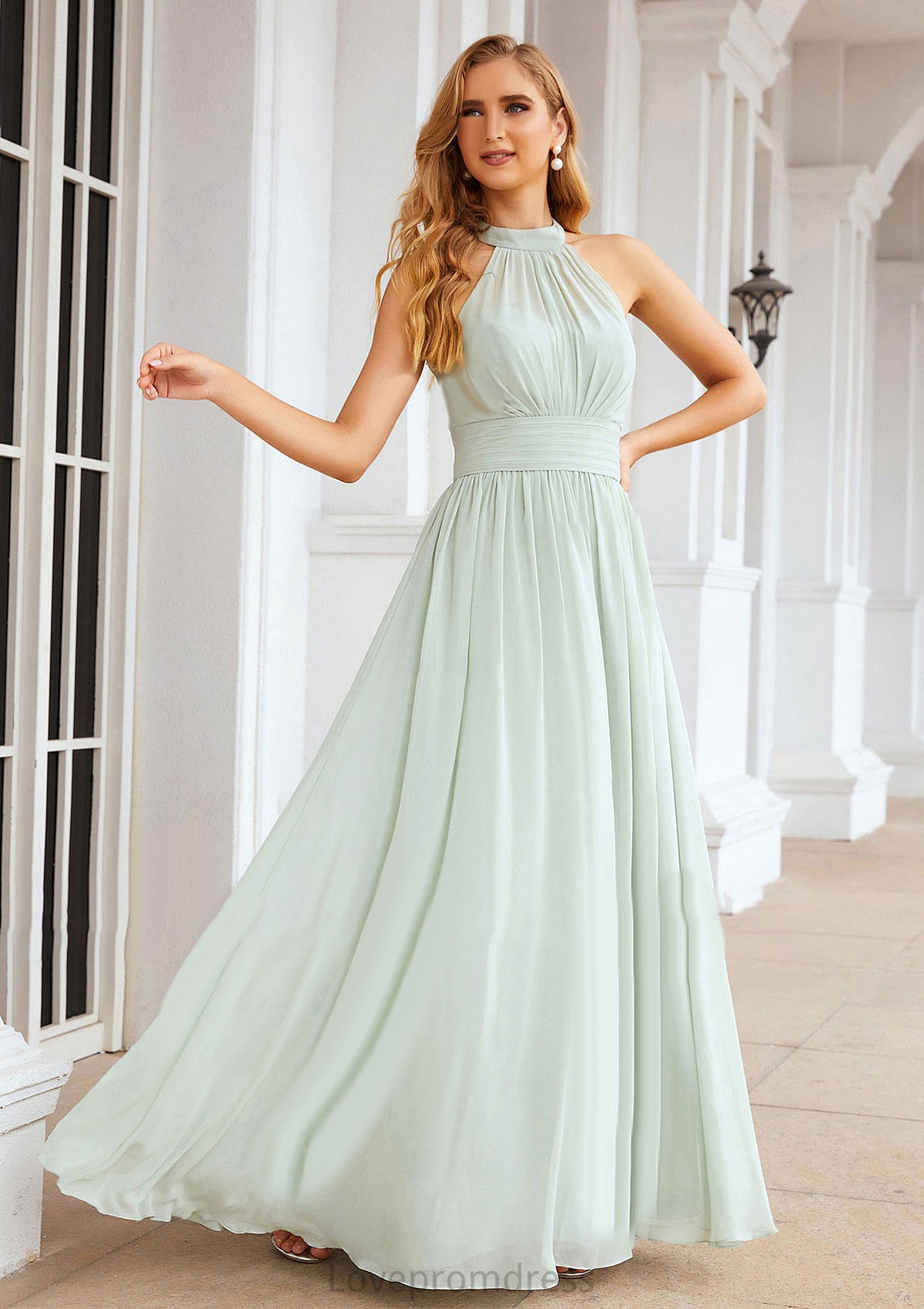 A-line High-Neck Sleeveless Long/Floor-Length Chiffon Bridesmaid Dresses With Pleated Amira DYP0025326