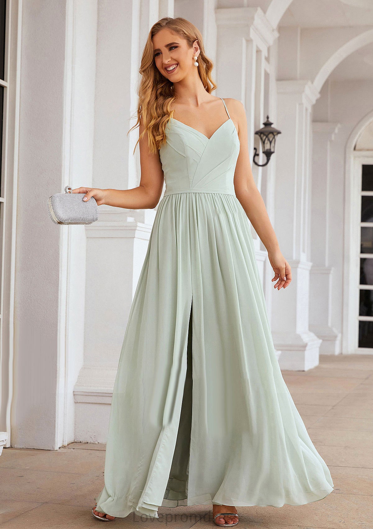 A-line V Neck Sleeveless Long/Floor-Length Chiffon Bridesmaid Dresses With Pleated Split Madyson DYP0025327