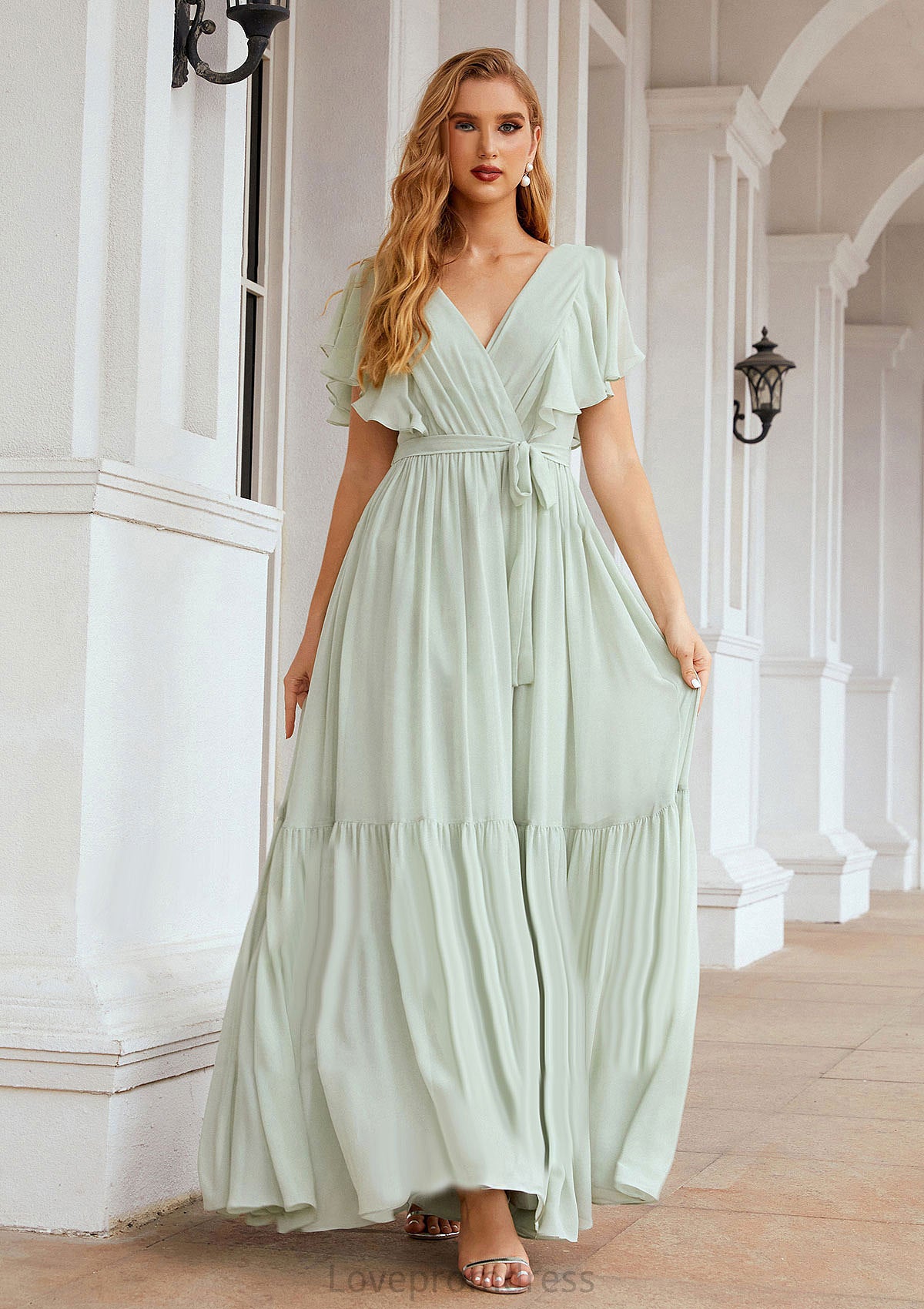 A-line V Neck Short Sleeve Chiffon Long/Floor-Length Bridesmaid Dresses With Pleated Ally DYP0025331