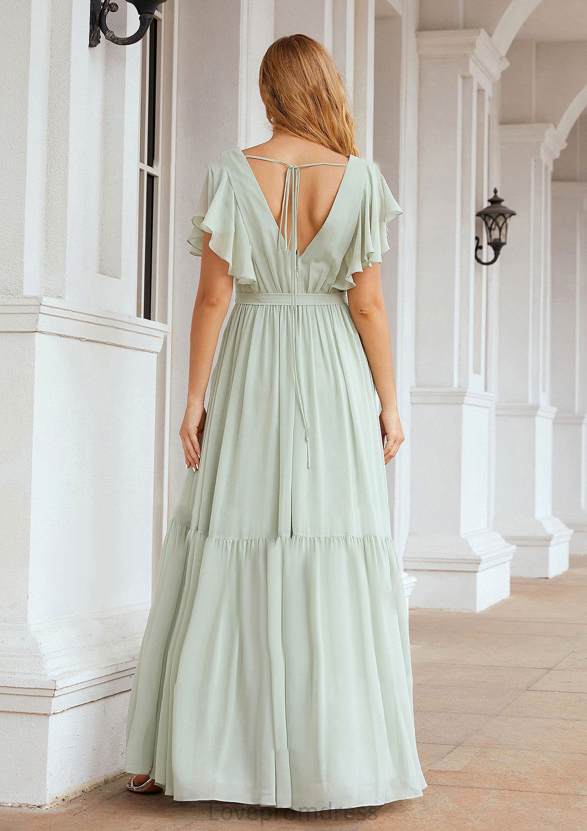 A-line V Neck Short Sleeve Chiffon Long/Floor-Length Bridesmaid Dresses With Pleated Ally DYP0025331