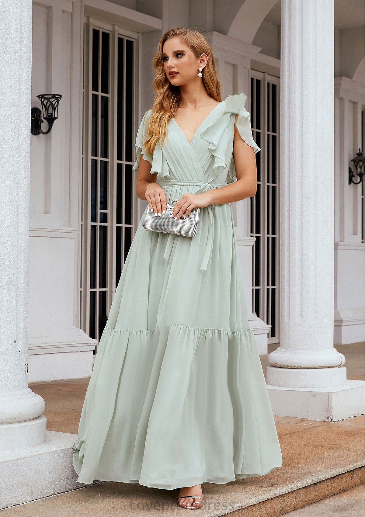 A-line V Neck Short Sleeve Chiffon Long/Floor-Length Bridesmaid Dresses With Pleated Ally DYP0025331