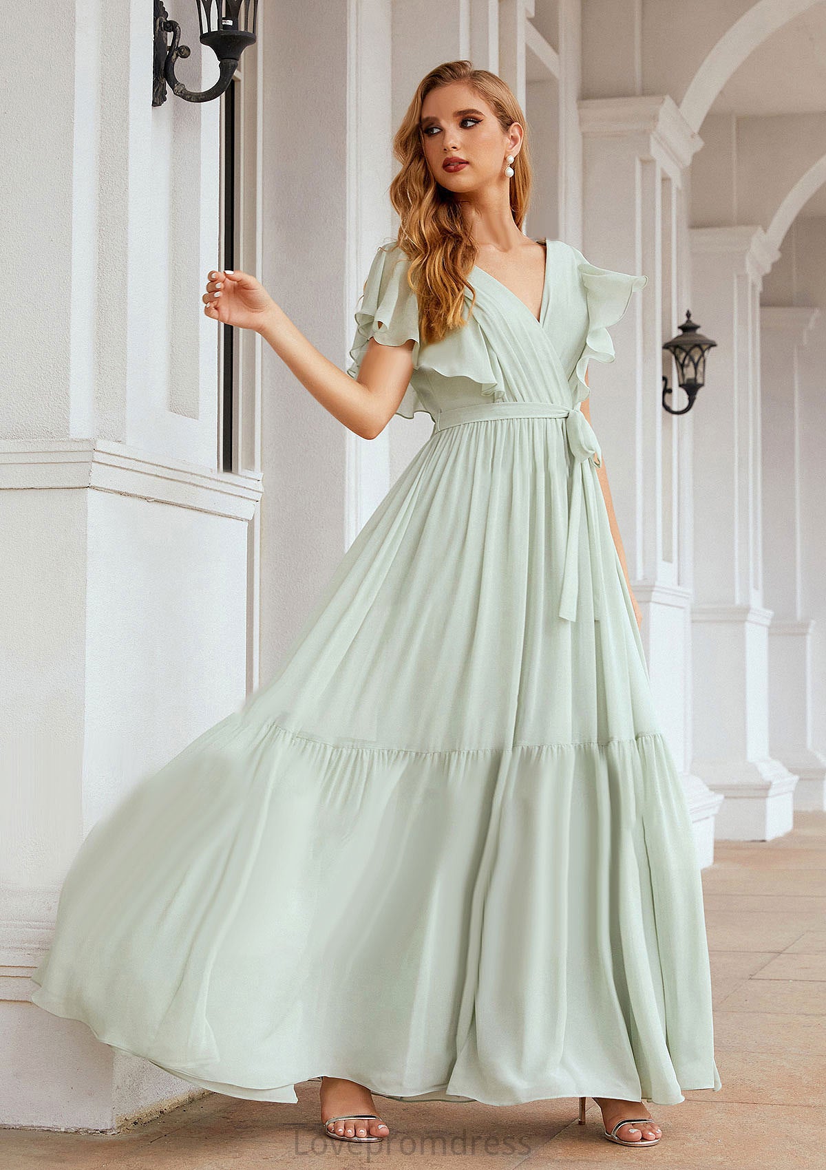 A-line V Neck Short Sleeve Chiffon Long/Floor-Length Bridesmaid Dresses With Pleated Ally DYP0025331