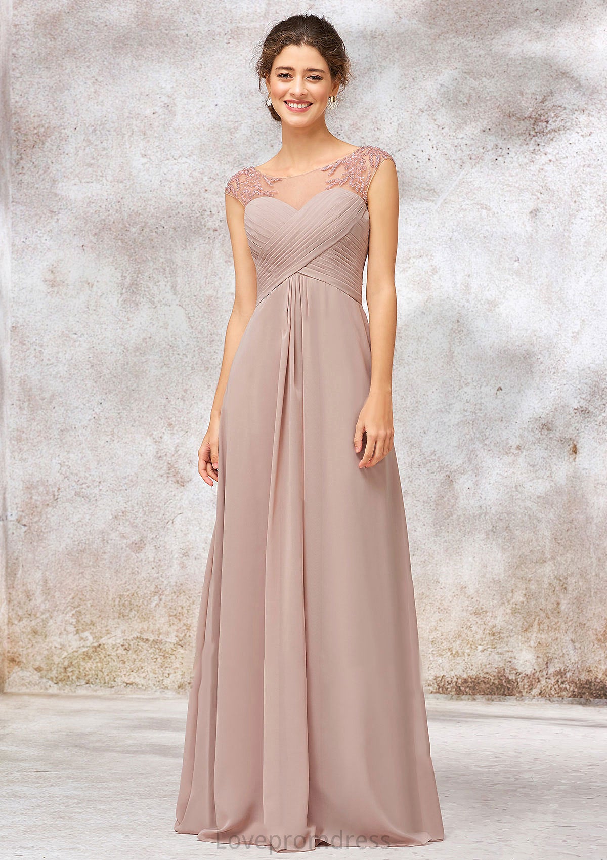 Illusion Neck Long/Floor-Length Chiffon A-line/Princess Bridesmaid Dresses  With Sequins Pleated Beading Nyla DYP0025334