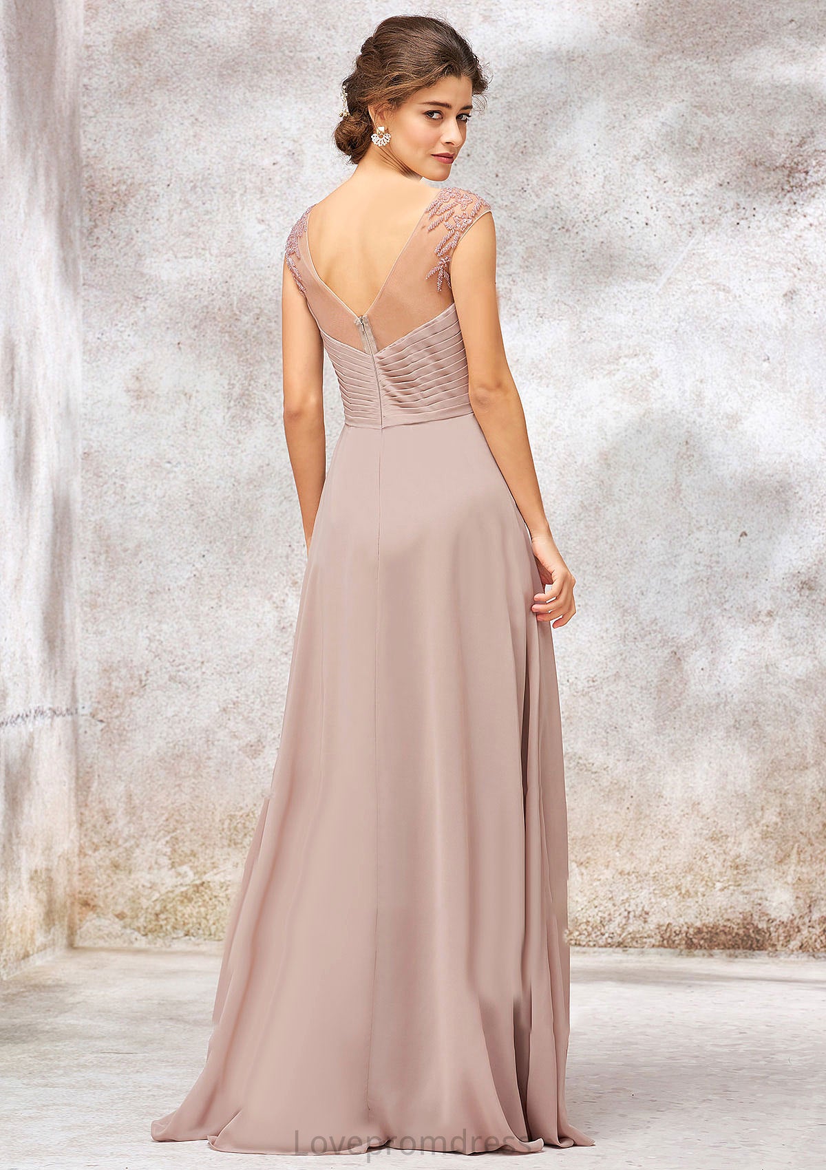 Illusion Neck Long/Floor-Length Chiffon A-line/Princess Bridesmaid Dresses  With Sequins Pleated Beading Nyla DYP0025334