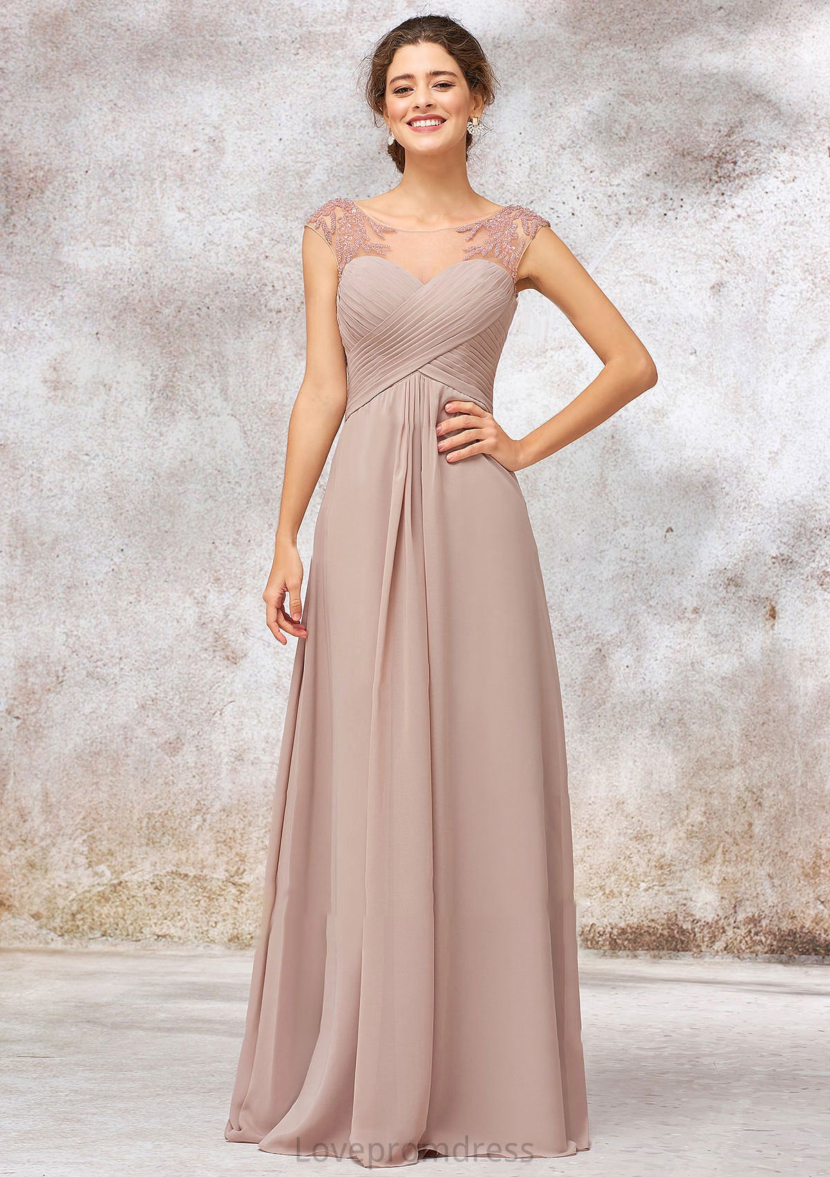 Illusion Neck Long/Floor-Length Chiffon A-line/Princess Bridesmaid Dresses  With Sequins Pleated Beading Nyla DYP0025334