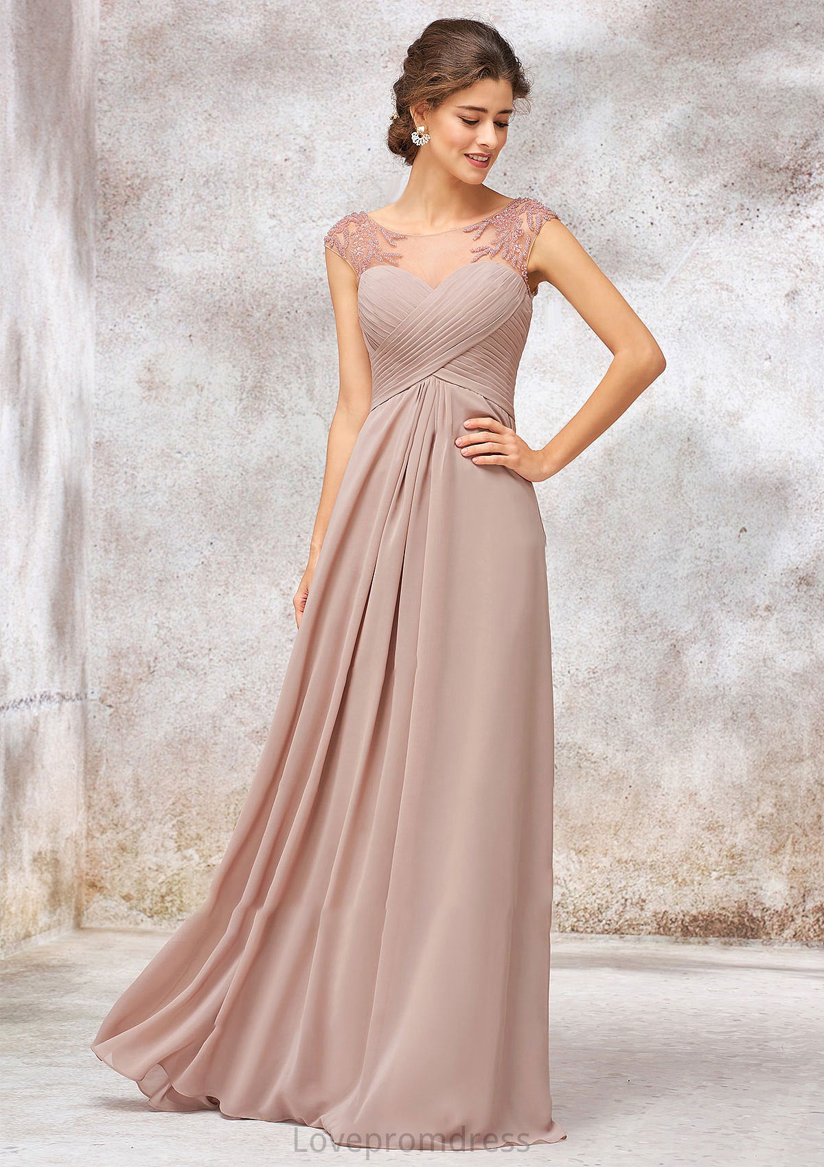 Illusion Neck Long/Floor-Length Chiffon A-line/Princess Bridesmaid Dresses  With Sequins Pleated Beading Nyla DYP0025334