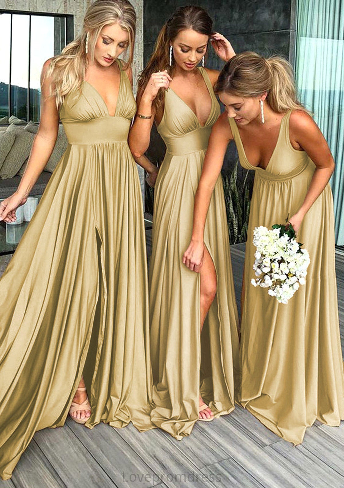 A-Line/Princess V-Neck Sweep Train Jersey Bridesmaid Dresses With Split Front Pleated Waistband Erica DYP0025336