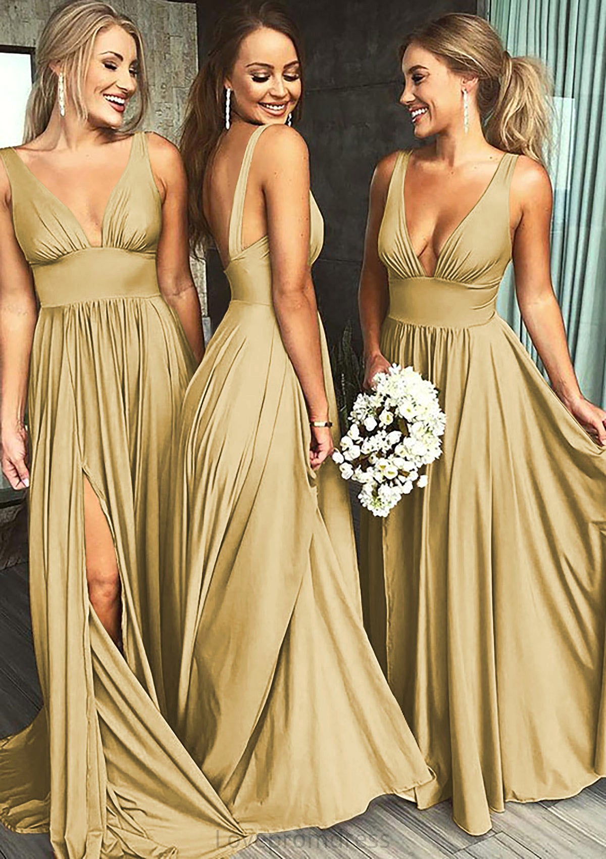 A-Line/Princess V-Neck Sweep Train Jersey Bridesmaid Dresses With Split Front Pleated Waistband Erica DYP0025336