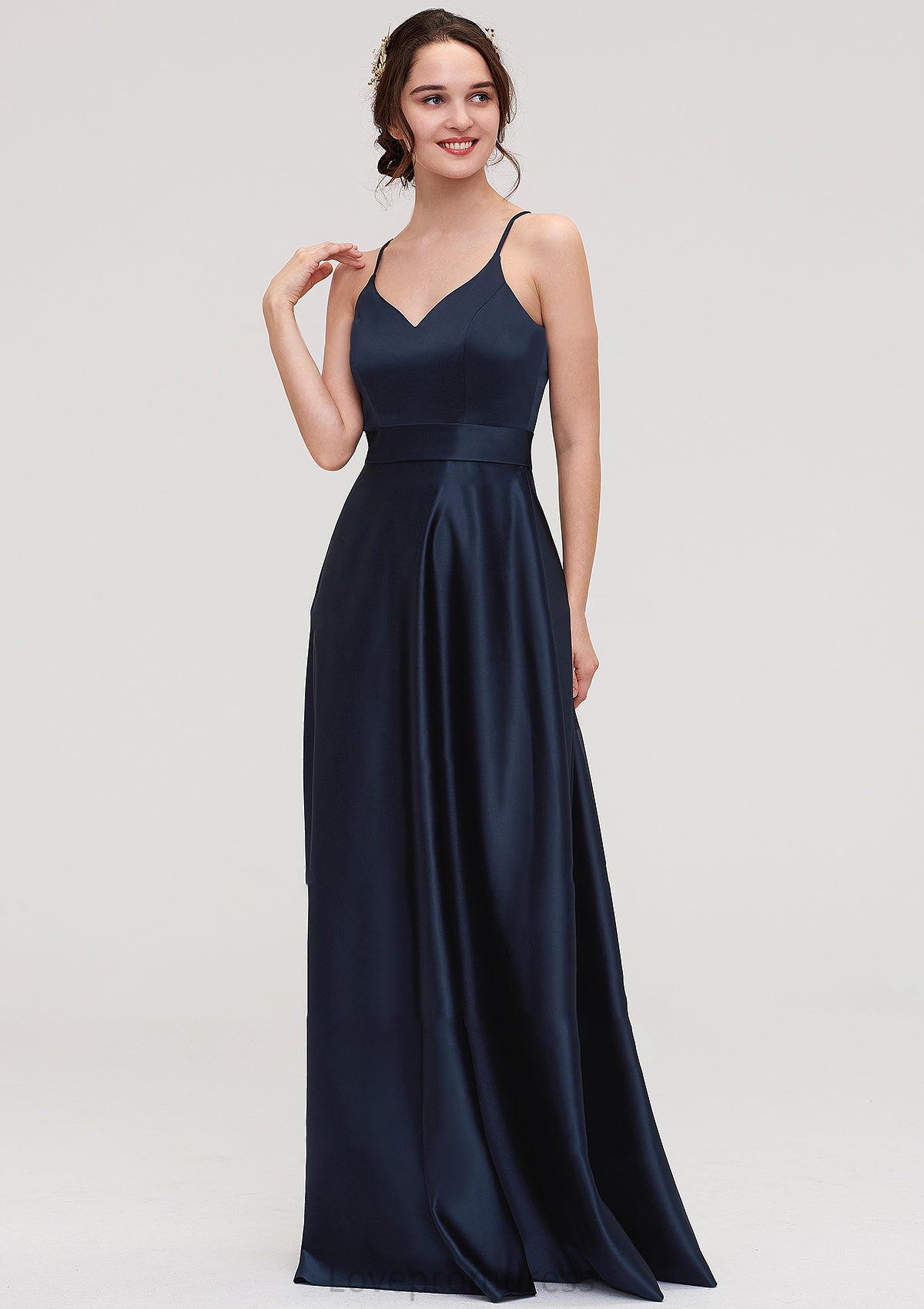 V Neck Sleeveless Long/Floor-Length Satin A-line/Princess Bridesmaid Dresseses Jewel DYP0025345