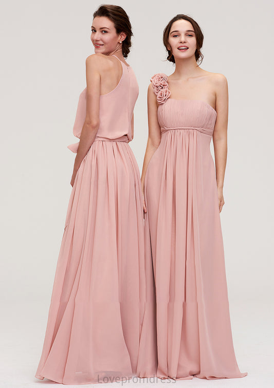 Sleeveless One-Shoulder Long/Floor-Length Chiffon A-line/Princess Bridesmaid Dresses With Pleated Flowers Selena DYP0025346