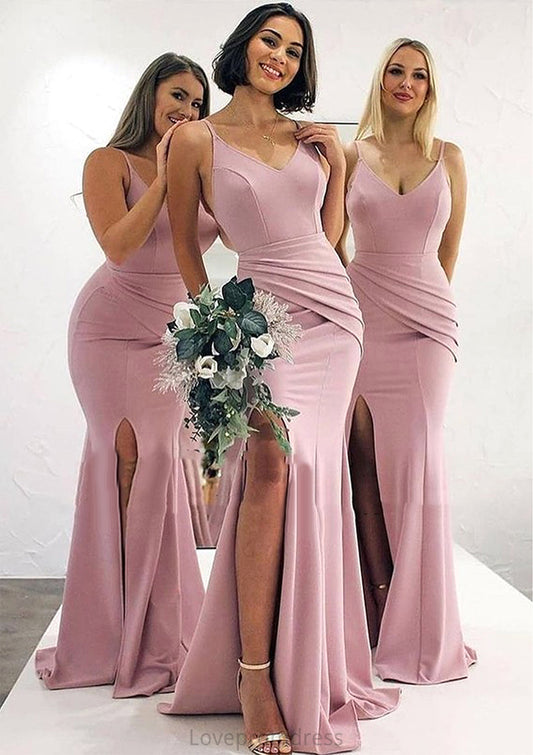 Trumpet/Mermaid V Neck Sleeveless Long/Floor-Length Elastic Satin Bridesmaid Dresses With Pleated Split Martha DYP0025347