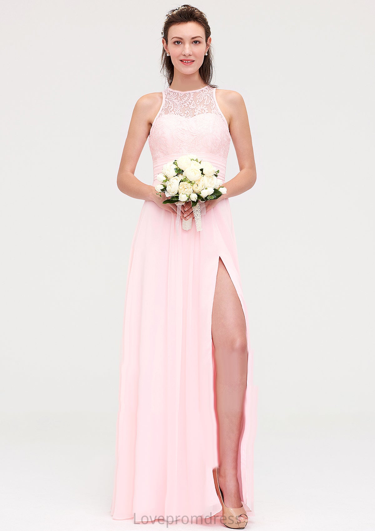 Sleeveless Scoop Neck Chiffon A-line/Princess Long/Floor-Length Bridesmaid Dresseses With Split Lace Abbie DYP0025349