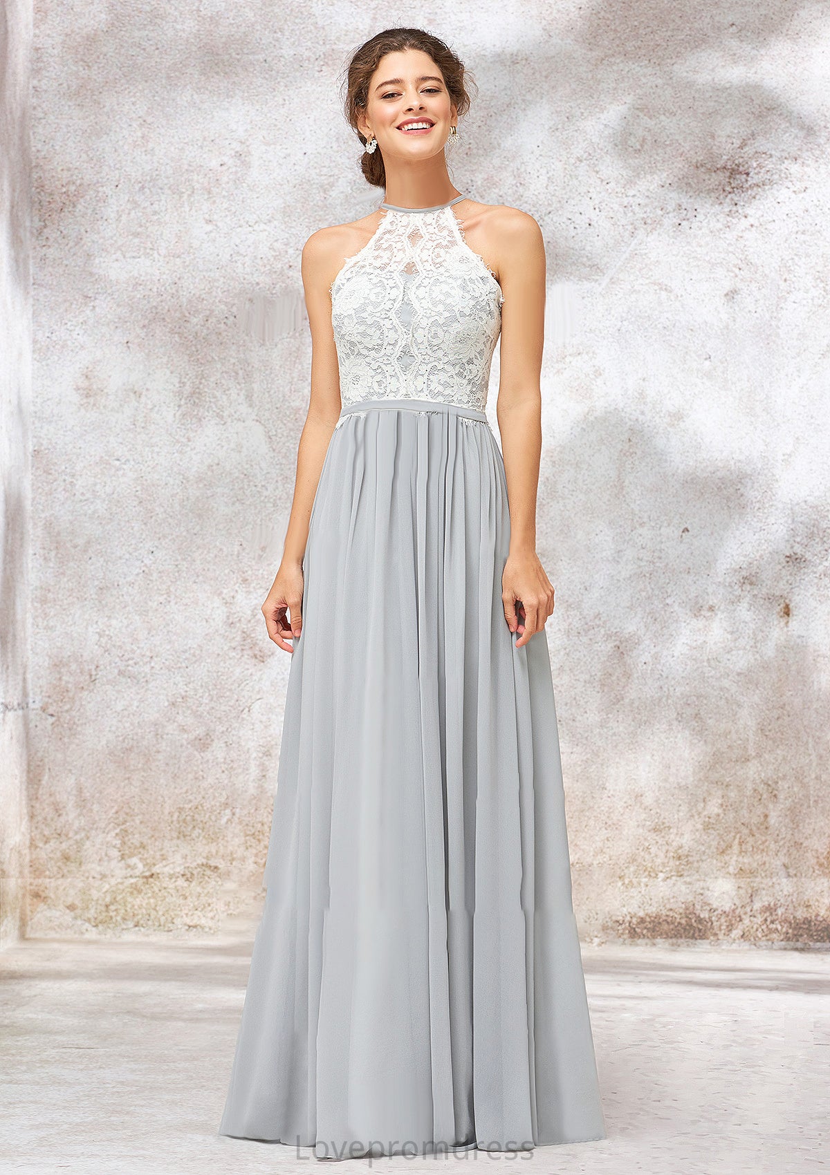 Scoop Neck A-line/Princess Sleeveless Chiffon Long/Floor-Length Bridesmaid Dresses With Lace Keira DYP0025350