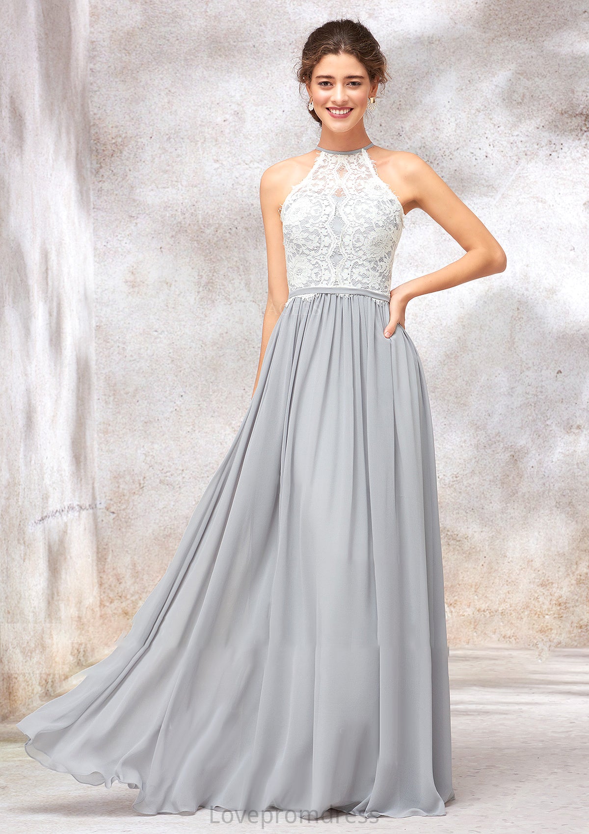 Scoop Neck A-line/Princess Sleeveless Chiffon Long/Floor-Length Bridesmaid Dresses With Lace Keira DYP0025350