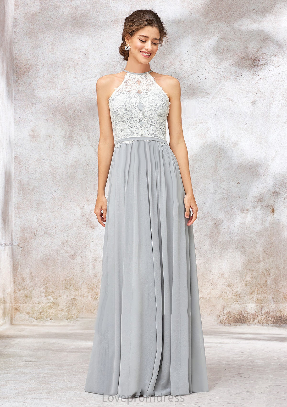 Scoop Neck A-line/Princess Sleeveless Chiffon Long/Floor-Length Bridesmaid Dresses With Lace Keira DYP0025350