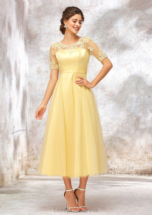 Short Sleeve A-line/Princess Tulle Bateau Bridesmaid Dresses With Lace Appliqued Sanaa DYP0025351