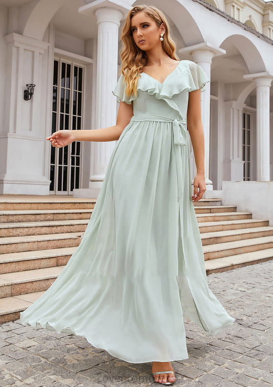 A-line V Neck Short Sleeve Long/Floor-Length Chiffon Bridesmaid Dresses With Sashes Ruffles Jess DYP0025352