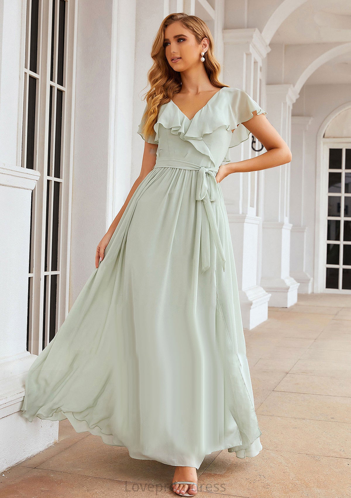 A-line V Neck Short Sleeve Long/Floor-Length Chiffon Bridesmaid Dresses With Sashes Ruffles Jess DYP0025352