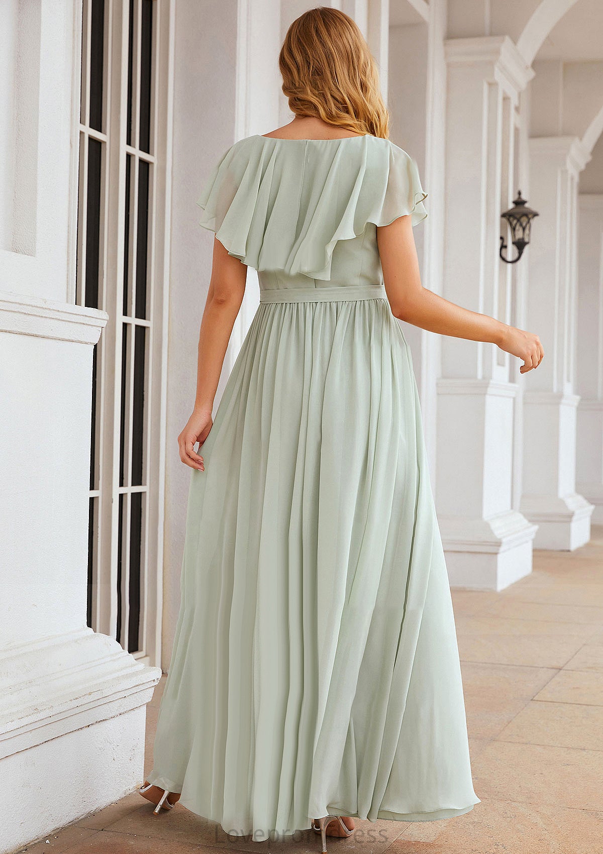 A-line V Neck Short Sleeve Long/Floor-Length Chiffon Bridesmaid Dresses With Sashes Ruffles Jess DYP0025352