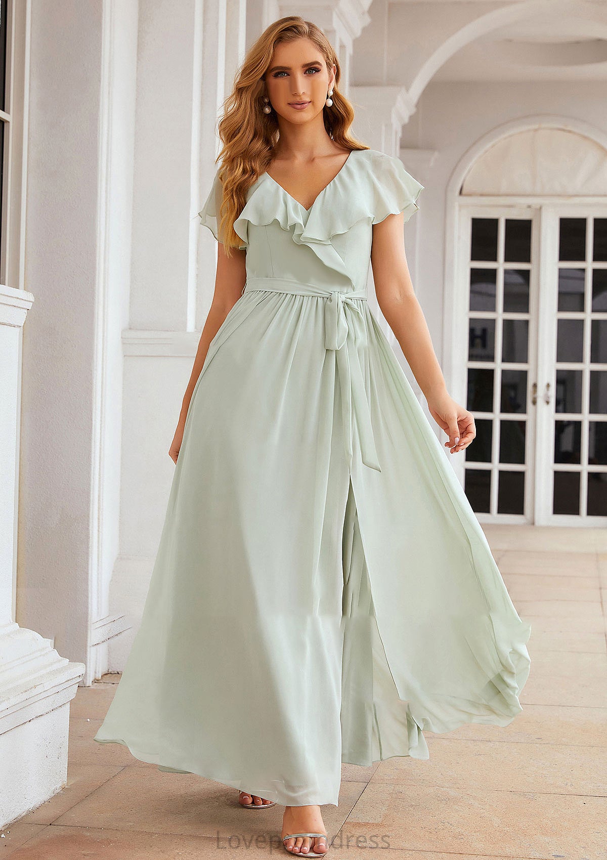 A-line V Neck Short Sleeve Long/Floor-Length Chiffon Bridesmaid Dresses With Sashes Ruffles Jess DYP0025352