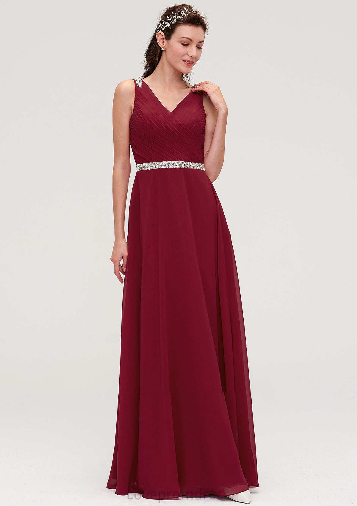 V Neck Sleeveless Chiffon A-line/Princess Long/Floor-Length Bridesmaid Dresseses With Waistband Beading Pleated Skylar DYP0025355