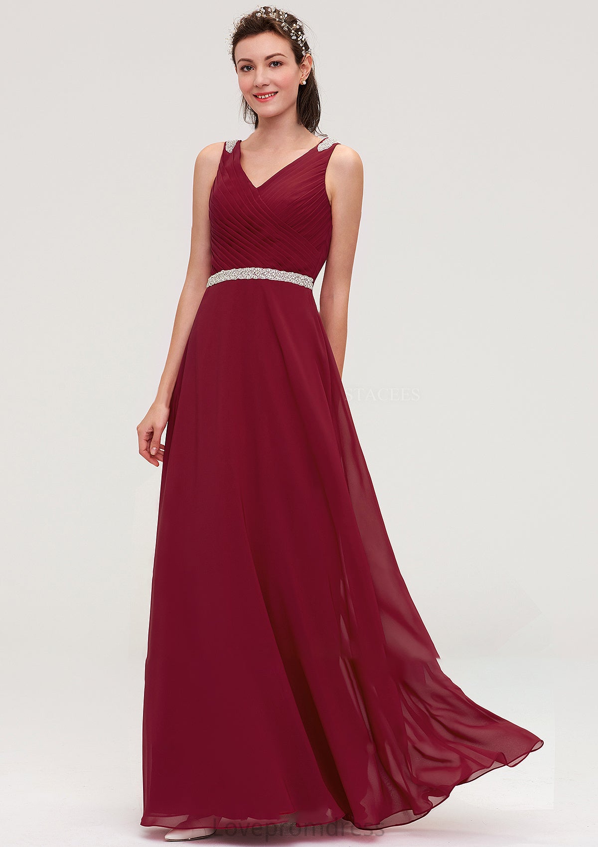 V Neck Sleeveless Chiffon A-line/Princess Long/Floor-Length Bridesmaid Dresseses With Waistband Beading Pleated Skylar DYP0025355