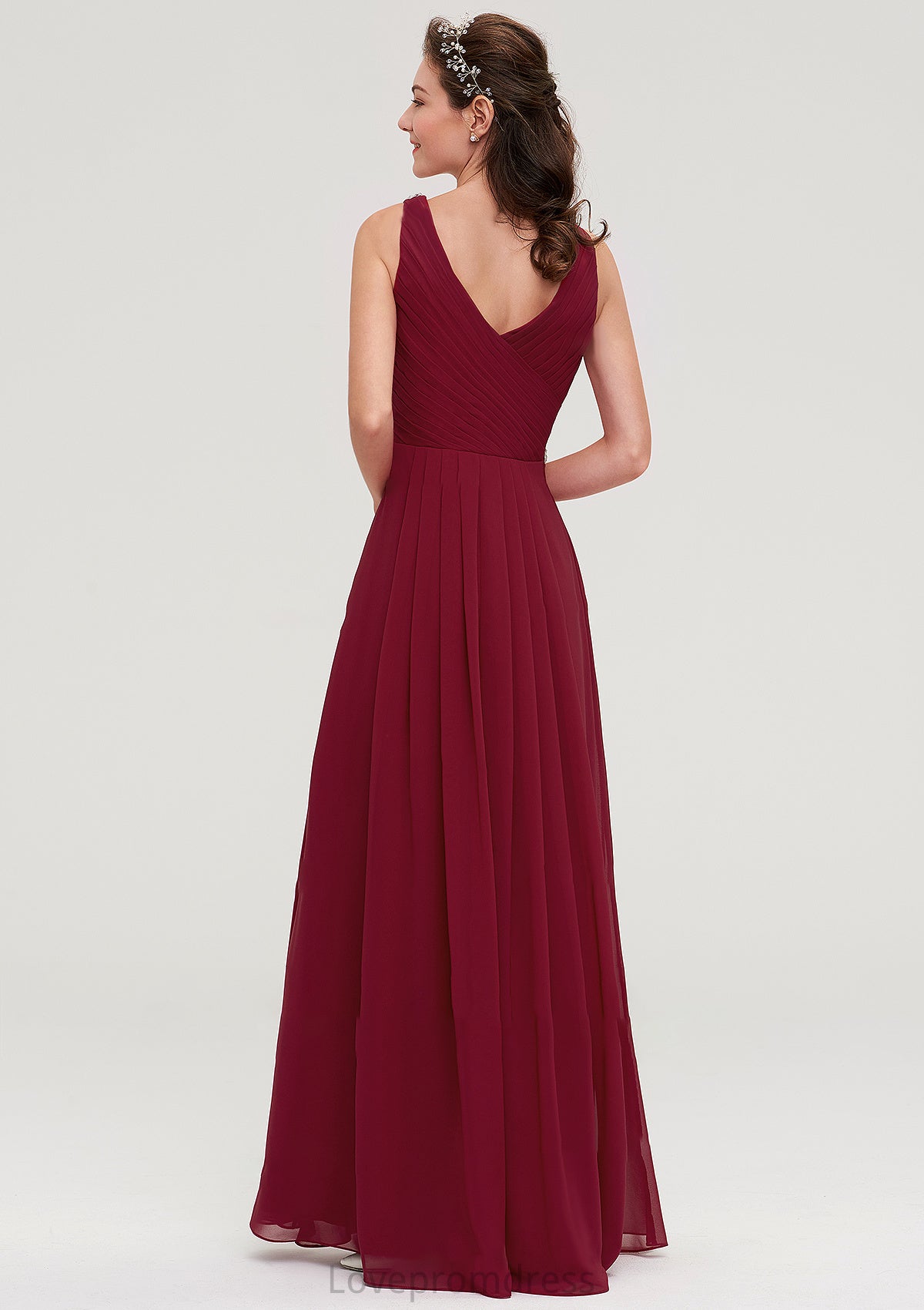 V Neck Sleeveless Chiffon A-line/Princess Long/Floor-Length Bridesmaid Dresseses With Waistband Beading Pleated Skylar DYP0025355