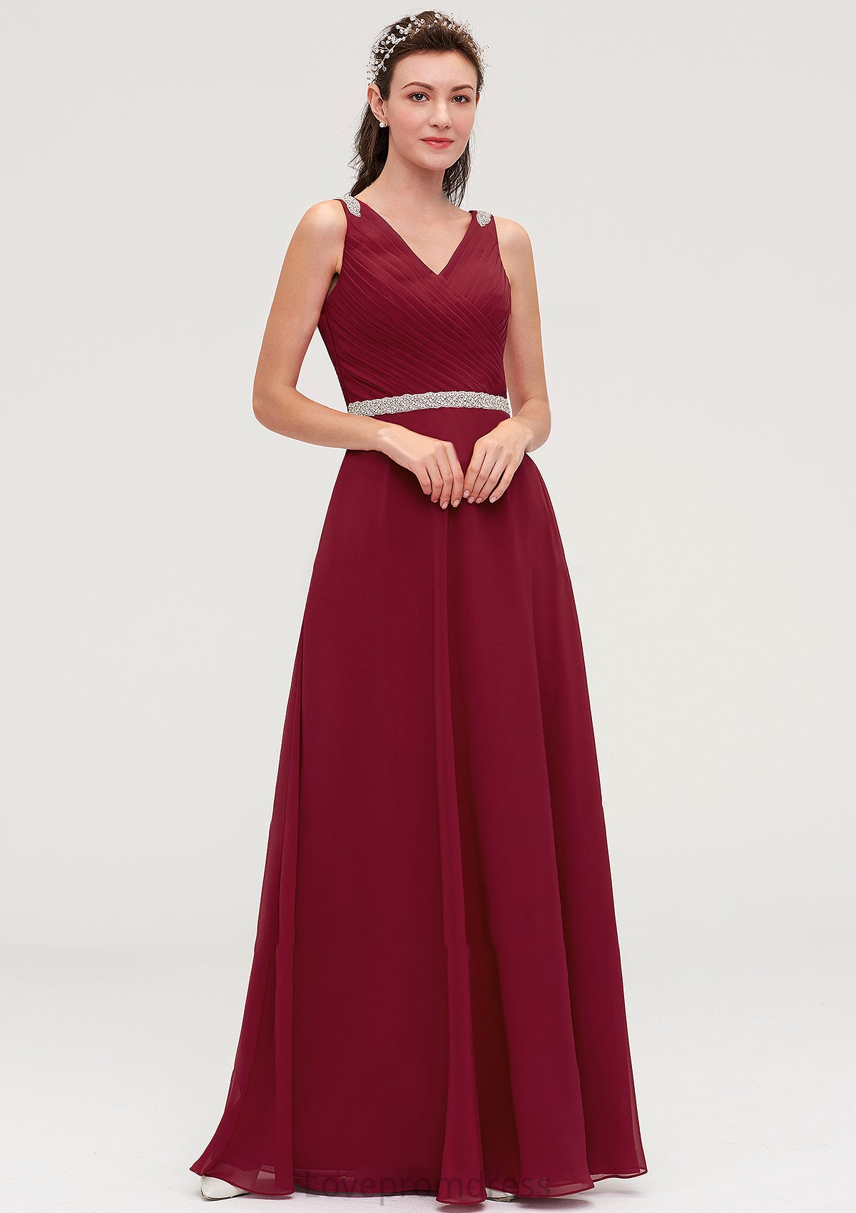 V Neck Sleeveless Chiffon A-line/Princess Long/Floor-Length Bridesmaid Dresseses With Waistband Beading Pleated Skylar DYP0025355