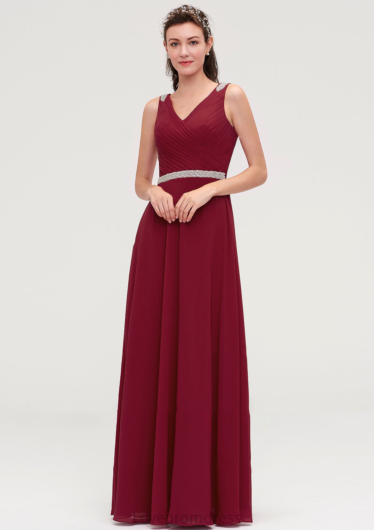 V Neck Sleeveless Chiffon A-line/Princess Long/Floor-Length Bridesmaid Dresseses With Waistband Beading Pleated Skylar DYP0025355