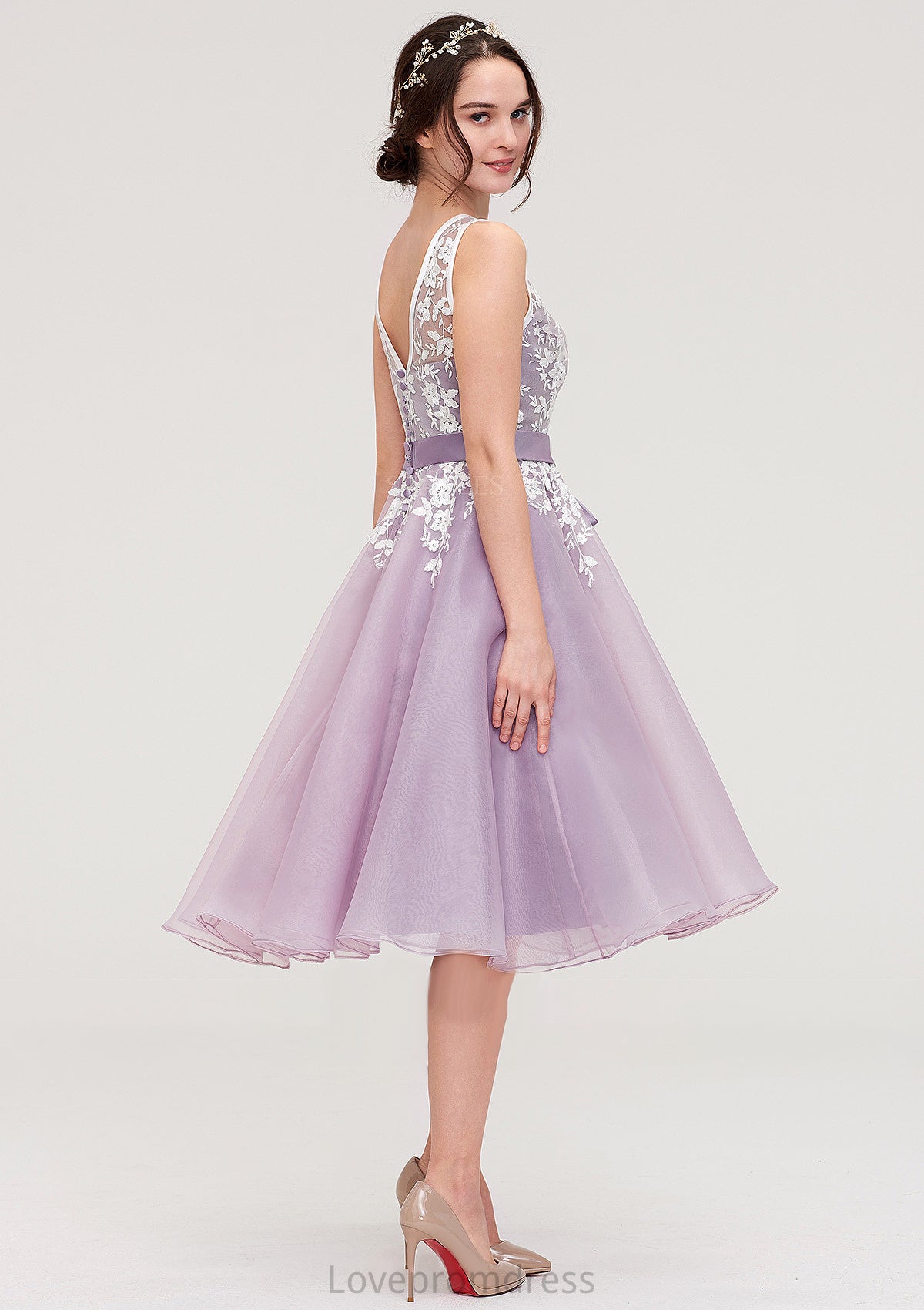 Bateau Sleeveless Organza Knee-Length A-line/Princess Bridesmaid Dresses With Sashes Lace Kristin DYP0025358