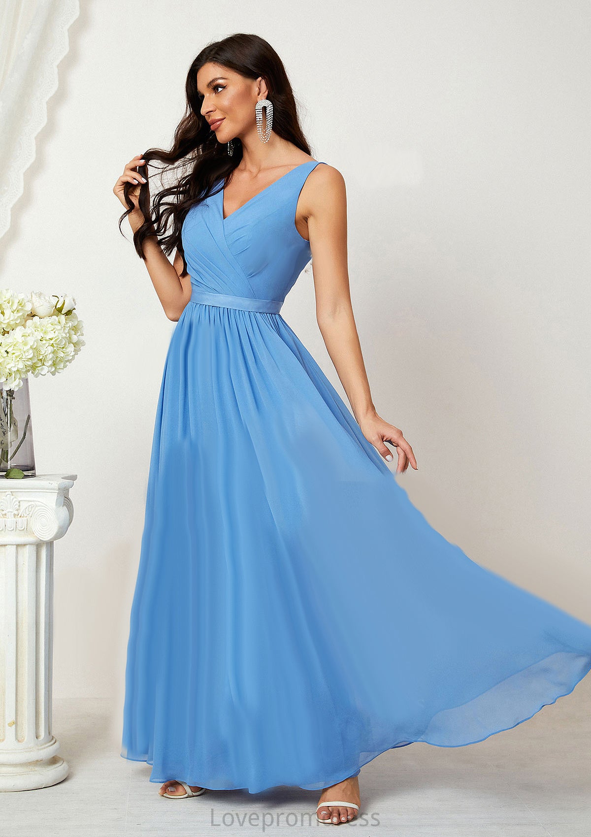 A-line V Neck Sleeveless Chiffon Long/Floor-Length Bridesmaid Dresses With Pleated Prudence DYP0025360