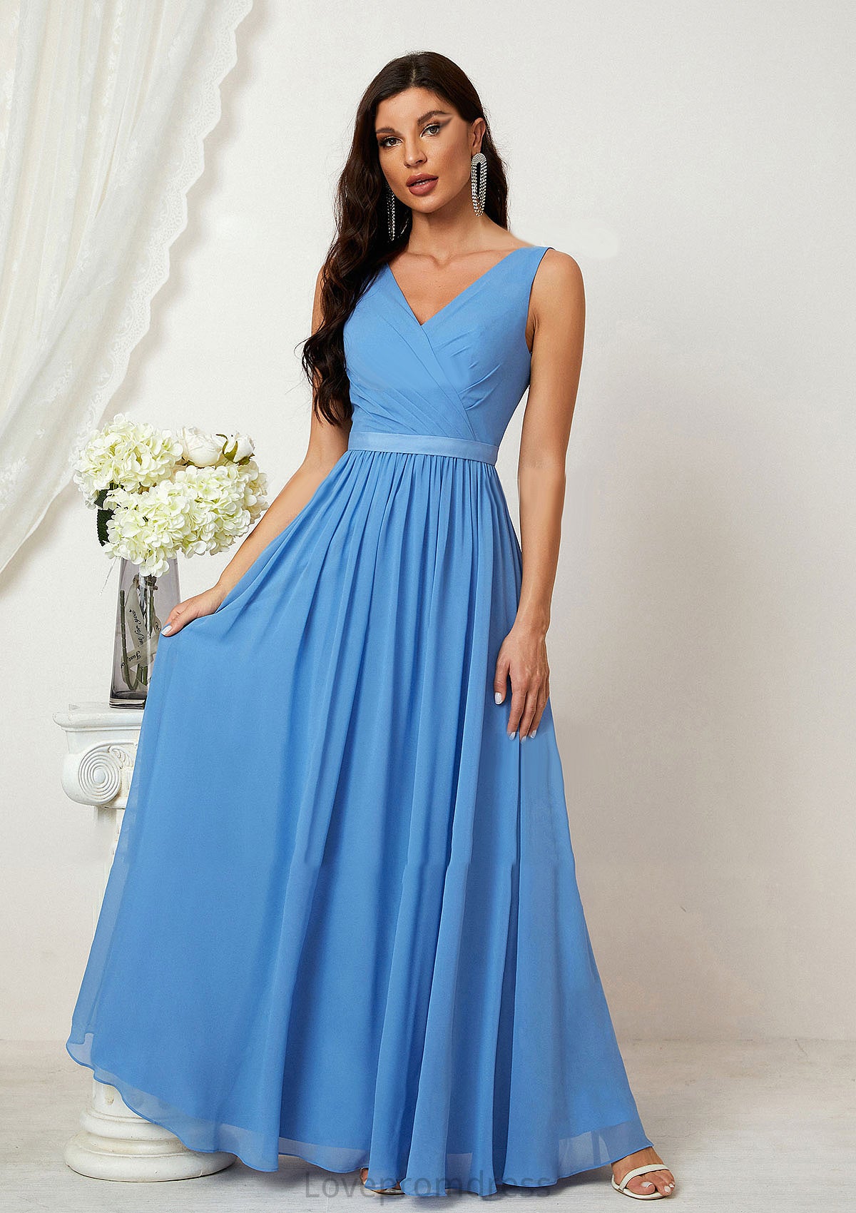 A-line V Neck Sleeveless Chiffon Long/Floor-Length Bridesmaid Dresses With Pleated Prudence DYP0025360