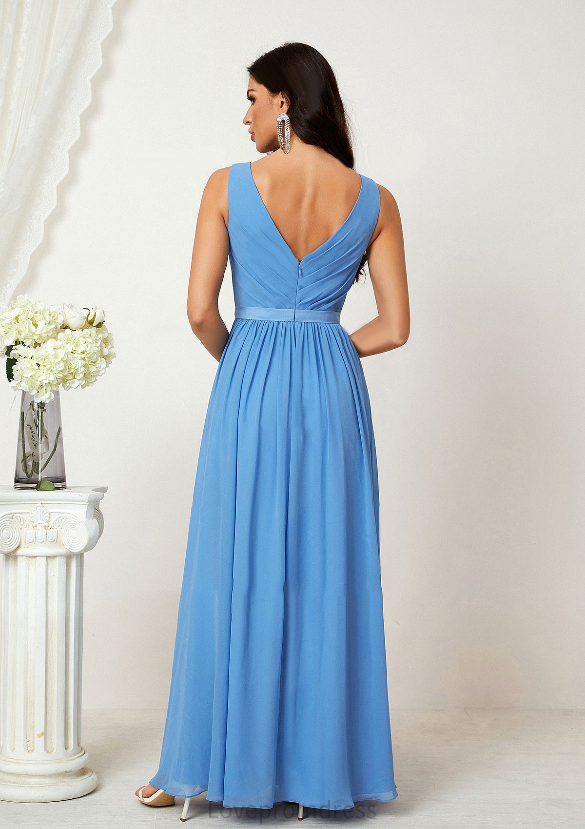 A-line V Neck Sleeveless Chiffon Long/Floor-Length Bridesmaid Dresses With Pleated Prudence DYP0025360