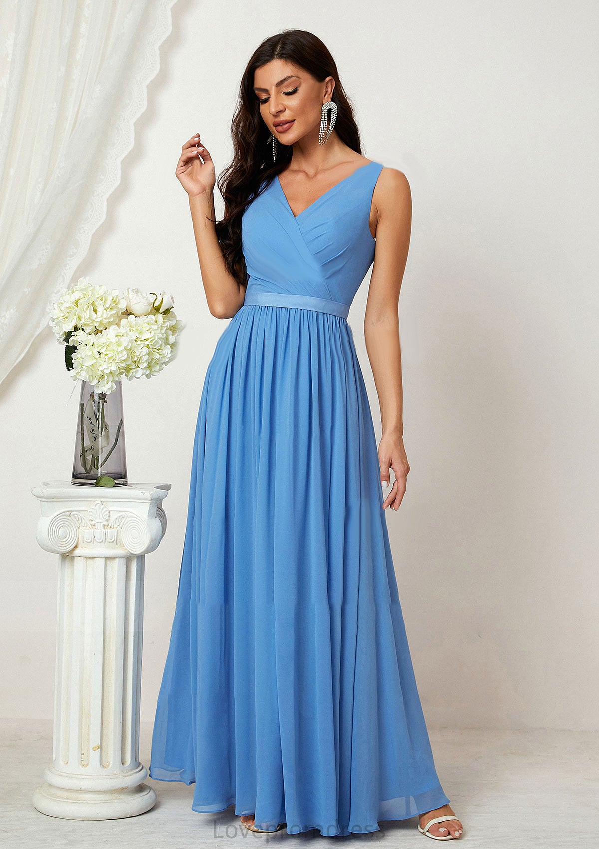 A-line V Neck Sleeveless Chiffon Long/Floor-Length Bridesmaid Dresses With Pleated Prudence DYP0025360