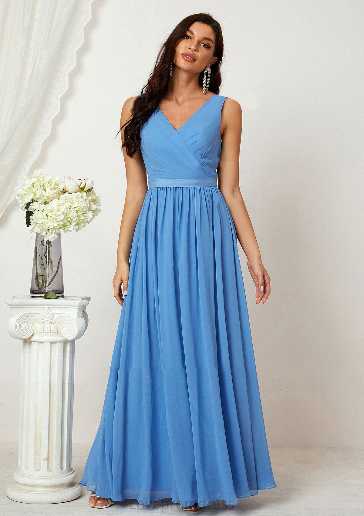 A-line V Neck Sleeveless Chiffon Long/Floor-Length Bridesmaid Dresses With Pleated Prudence DYP0025360