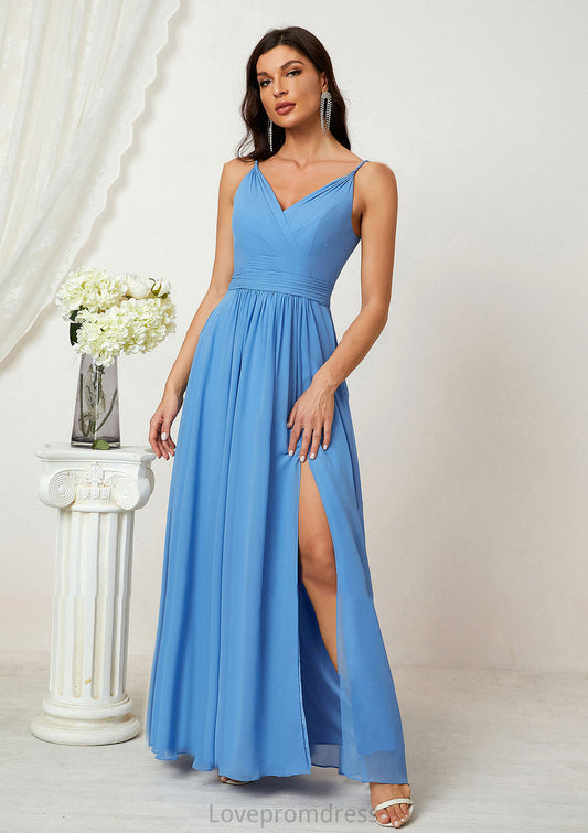 A-line V Neck Sleeveless Chiffon Long/Floor-Length Bridesmaid Dresses With Split Pleated Talia DYP0025362