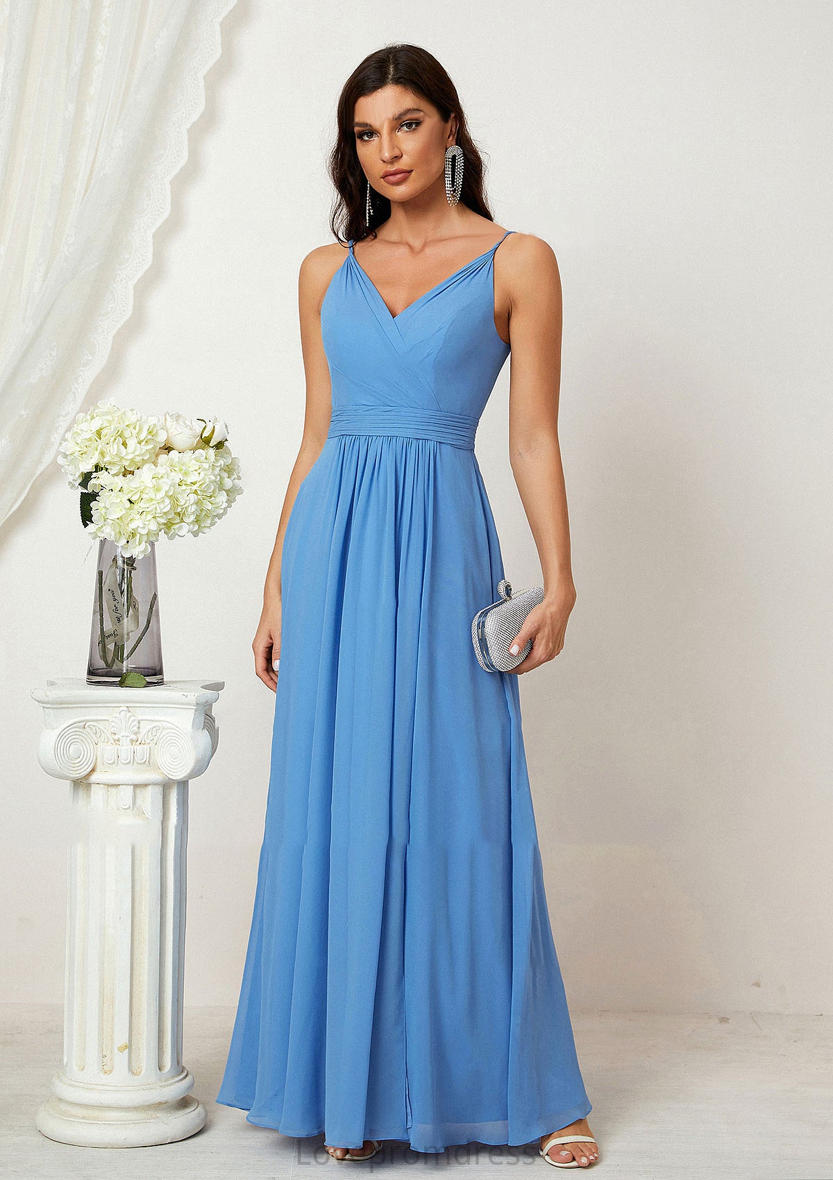 A-line V Neck Sleeveless Chiffon Long/Floor-Length Bridesmaid Dresses With Split Pleated Talia DYP0025362