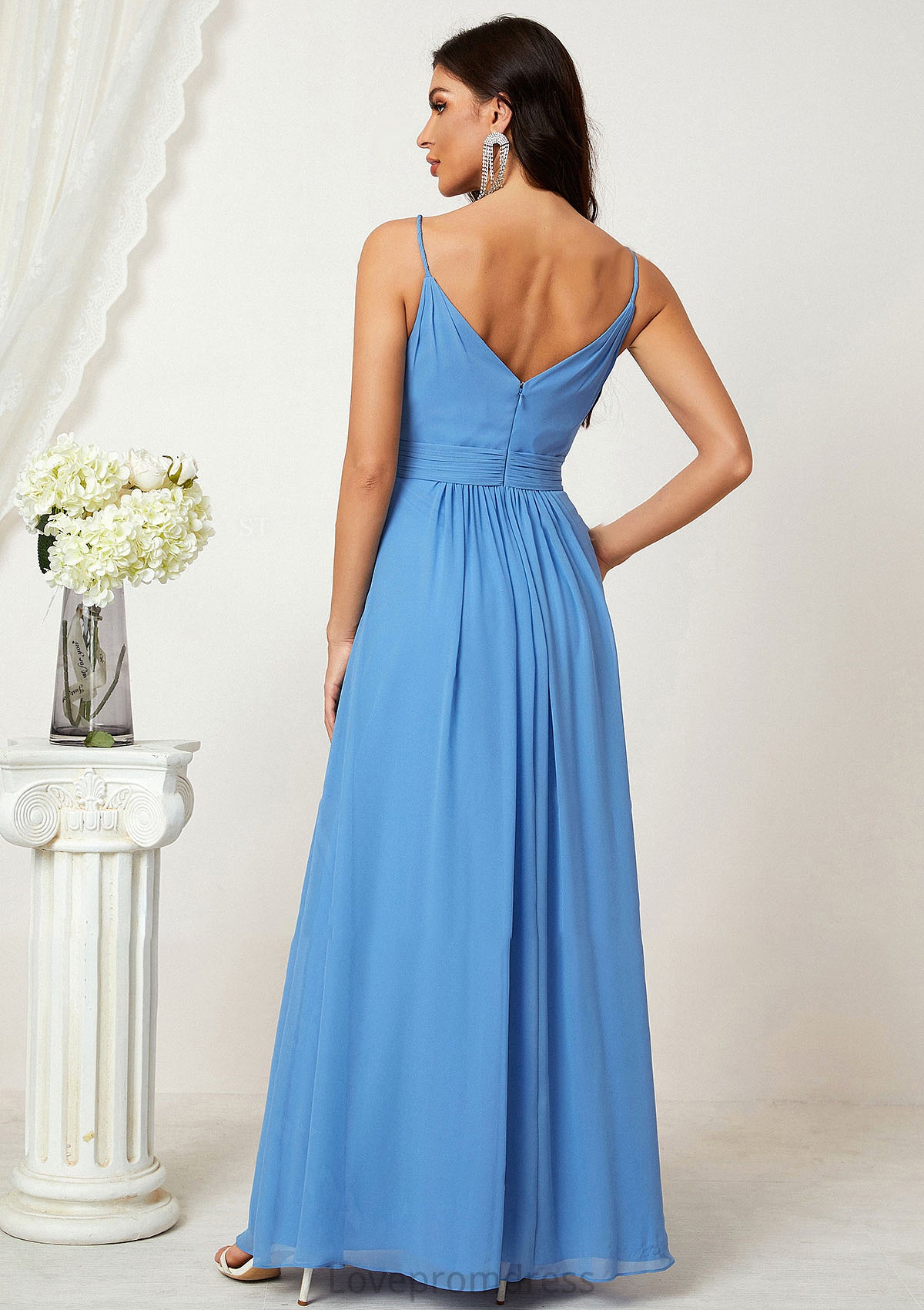 A-line V Neck Sleeveless Chiffon Long/Floor-Length Bridesmaid Dresses With Split Pleated Talia DYP0025362